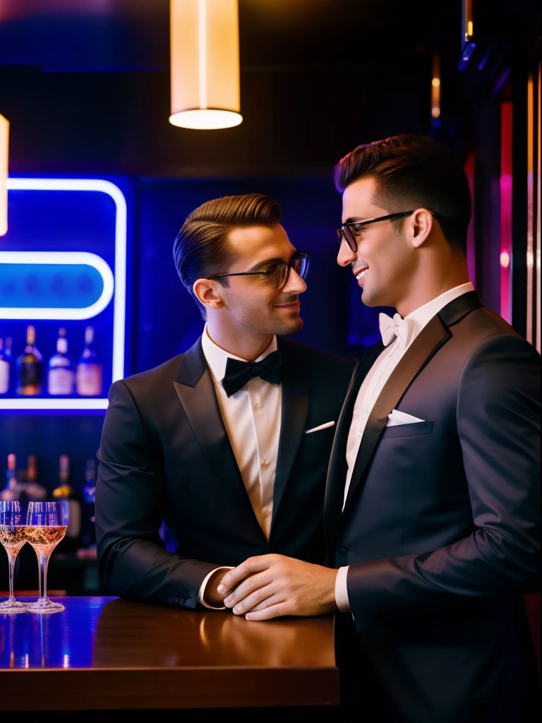 A portrait of an American extremely handsome gay couple dressed in an elegant clothing, illuminated by the vibrant neon lights of a stylish bar. The gay couple exudes sophistication and joy, their poise capturing the essence of Parisian sexuality. Their clothing is modern and sexy. The neon lights cast a colorful glow on both faces, accentuating their extraordinary beautiful features and adding a contemporary flair to the scene. The bar's atmosphere is buzzing with energy, with the soft murmur of conversations and clinking glasses in the background. The composition of this photo is carefully crafted, capturing the couple’s allure and the ambiance of the bar in perfect harmony. Photographed by Paolo Roversi, using a Leica SL2 with a 50mm lens, the lighting combines the neon lights of the bar with subtle fill light, creating a captivating and glamorous image