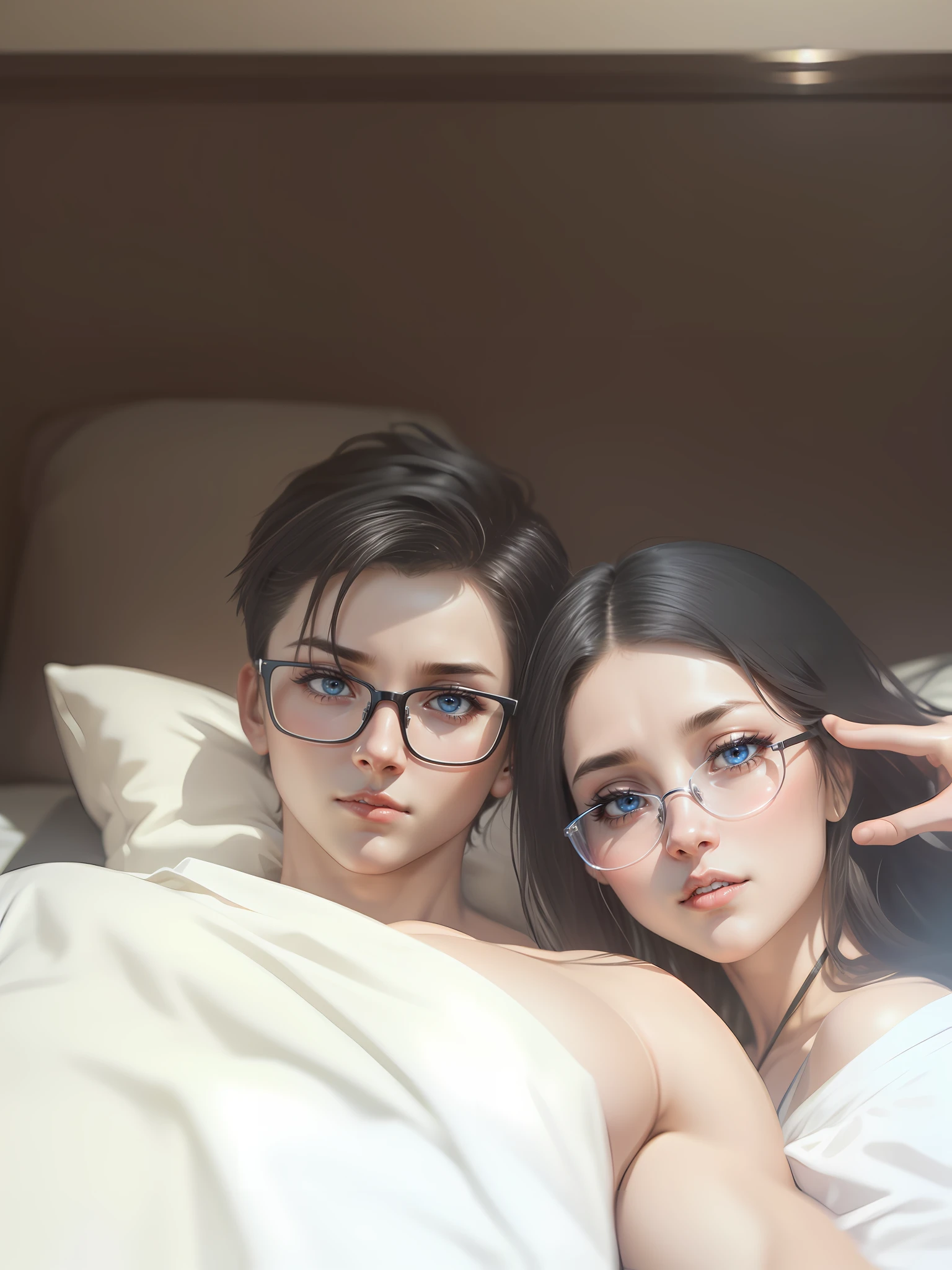 a young man and a woman,Realiy,Realistic1:4,sci-fy,8K,超高分辨率,Texture,delicated,Face restoration,ultra-realistic realism,Blue-black main color,Best creation,best qualtiy,wears glasses,Clear hair,Distinct hair,of a real,realisticlying,Real people