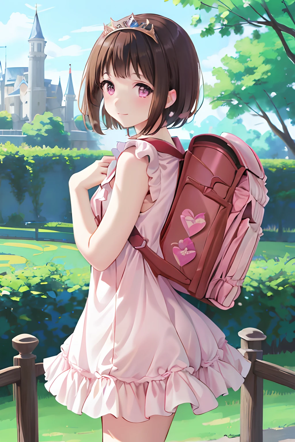 masterpiece, best quality, highres, 1girl, solo, brown hair, short hair, purple eyes, mole under eye, cowboy shot, frilled dress, tiara, castle, outdoor, garden, wearing pink randoseru backpack, (randoseru backpack:1.0)