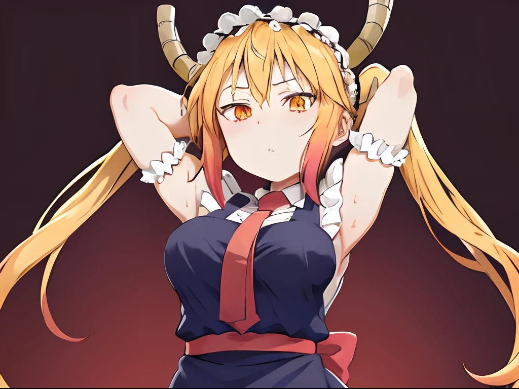 (portrait), 1girl, dragon girl, maid headdress, red necktie, arms behind head, tohru, horns, dragon tail, twintails, blonde hair, looking at viewer, solo, standing, sexy outfit,