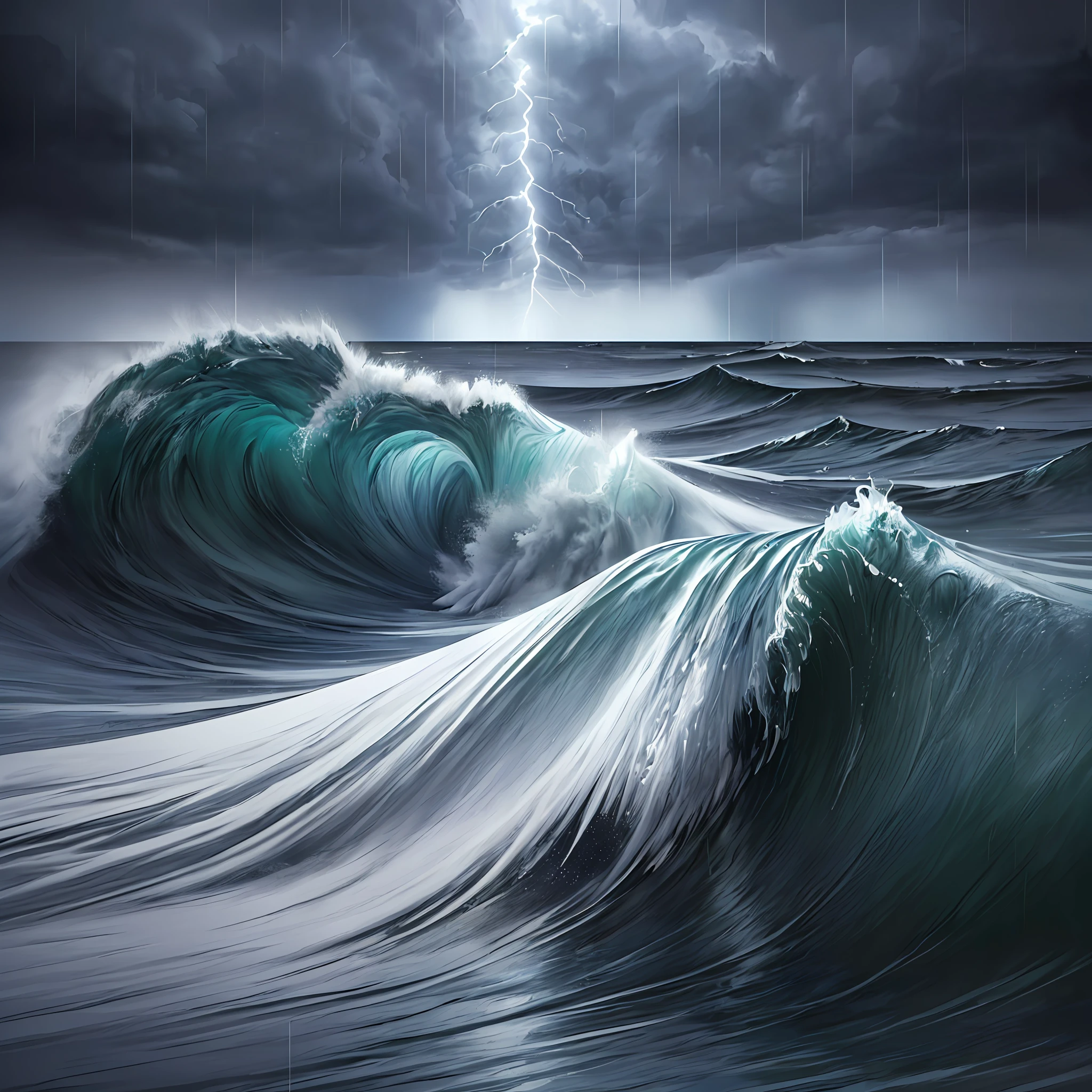(8k masterpiece, best quality:1.3) photorealistic illustration, a shower of hailstones rains down on the oceans huge waves, digital art, illustration, photorealistic