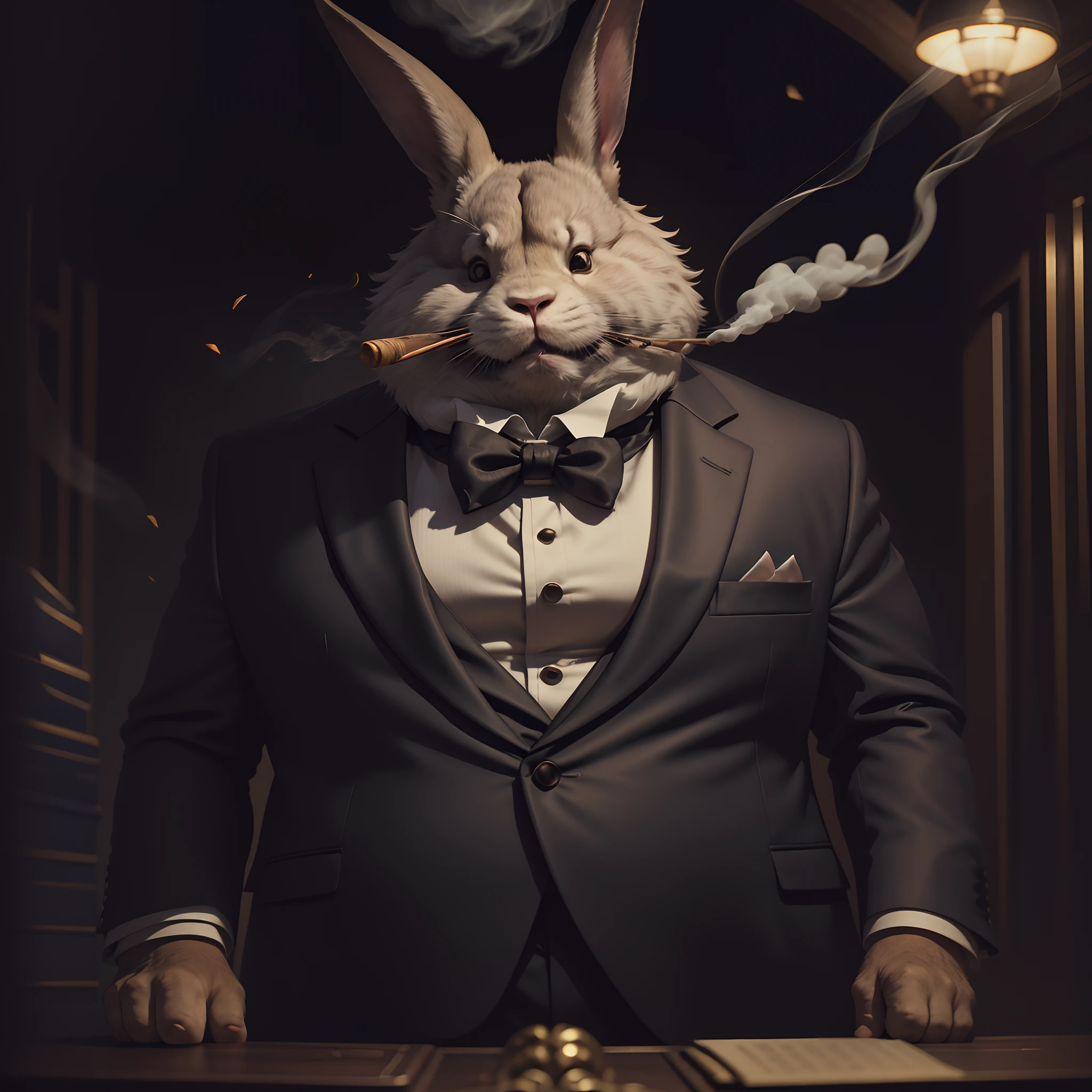 American rabbit in the zodiac, Fat,  No_Humanity, Depth of field, Disney style, Dark_glam, dressed in a suit, deepshadow, (Dark: 1.4), (8K, RAW photo, Best quality, Masterpiece: 1.2)，Smoking a cigar in his mouth，Detailed rabbit head