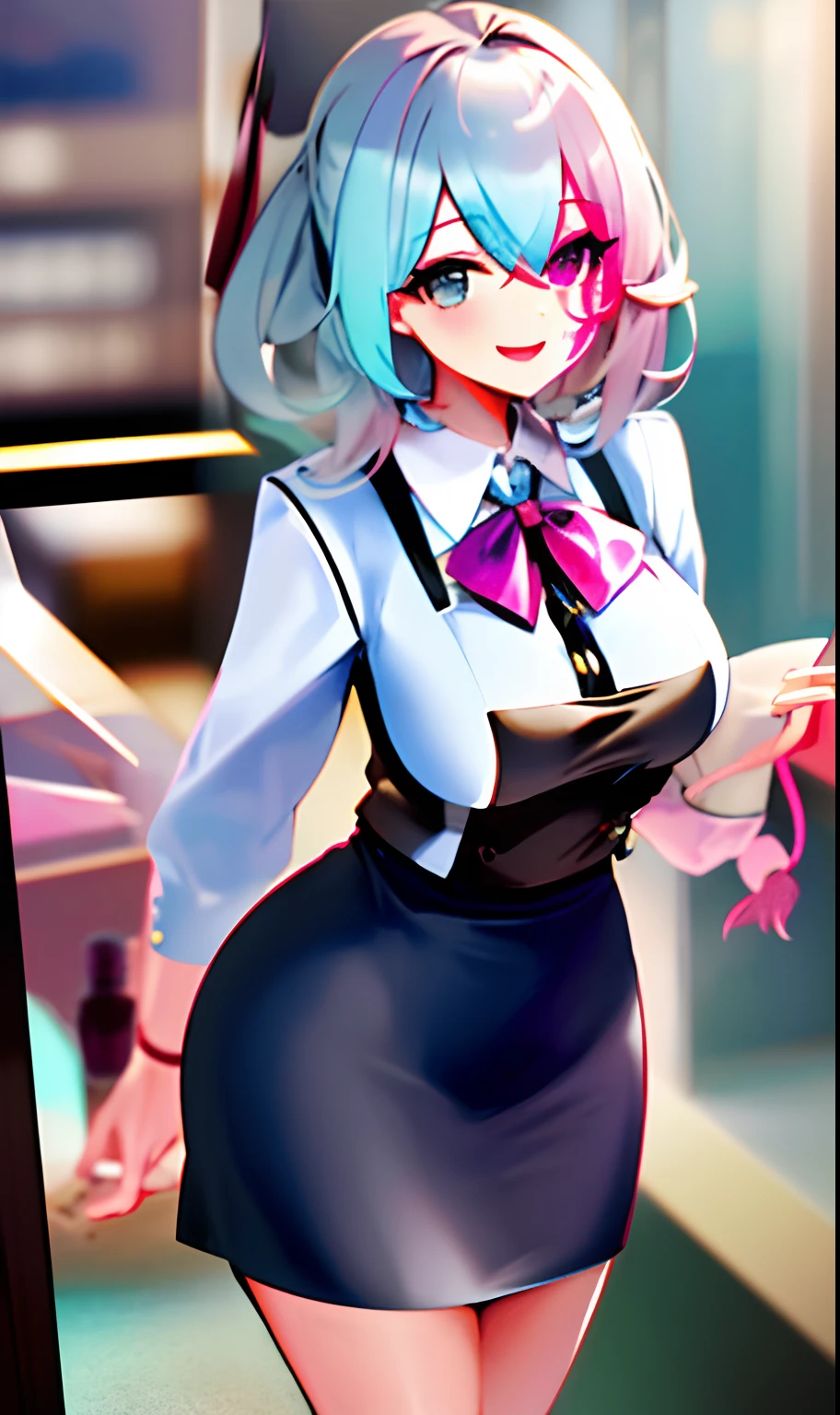 ((masterpiece, best)),(1girl),((mature woman)), light pink hair, dizzy, trumpet, ((office lady)), bangs, mid-chest, (full), slim, smiling, [wide hips] ,office,standing, aru \(blue archive\),