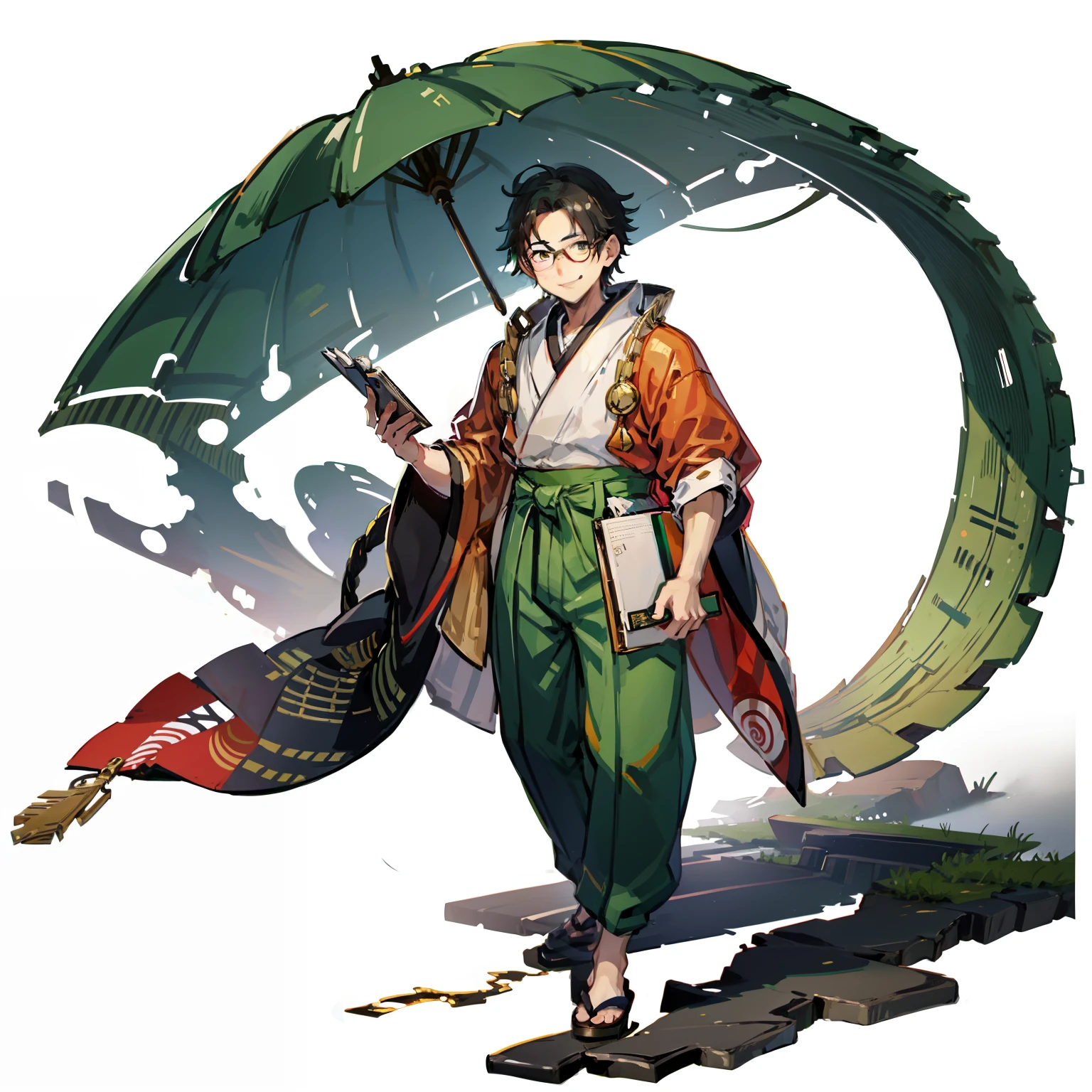ukiyoe painting, Full body shot, No background, White background, , Boy, Smile, Wide Green Pants, Wide View, Reading a book, glasses