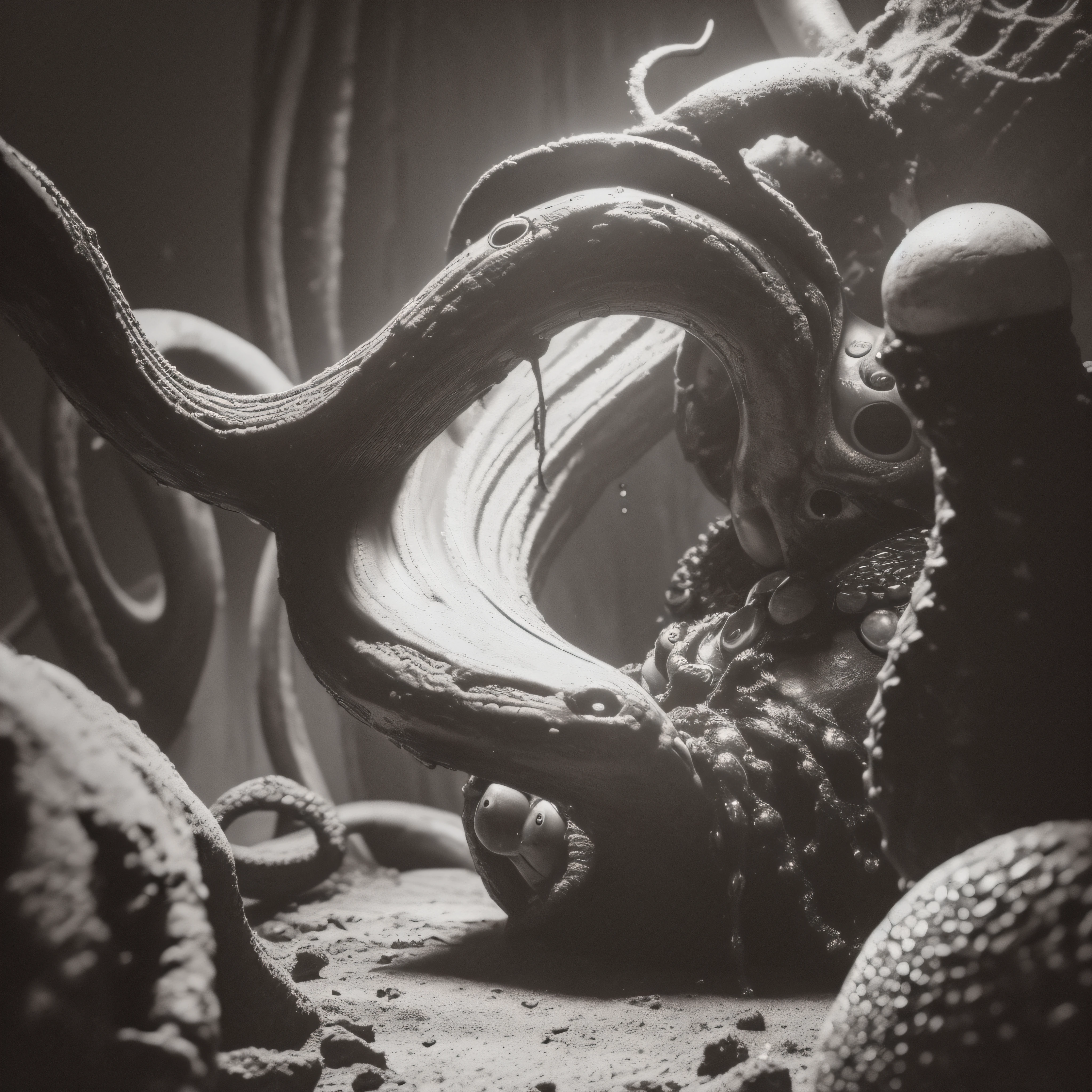 (extremadamente detallado, obra maestra, La mejor calidad), Estilo oscuro, intense illumination, rostro con arrugas, mujer crucificada, tentacle, monstruoso, interior de una piscina de agua verdosa, imagen submarina, alien con Colmillos finos. manchas de tinta. Rococo composition. Luz de caravaggio