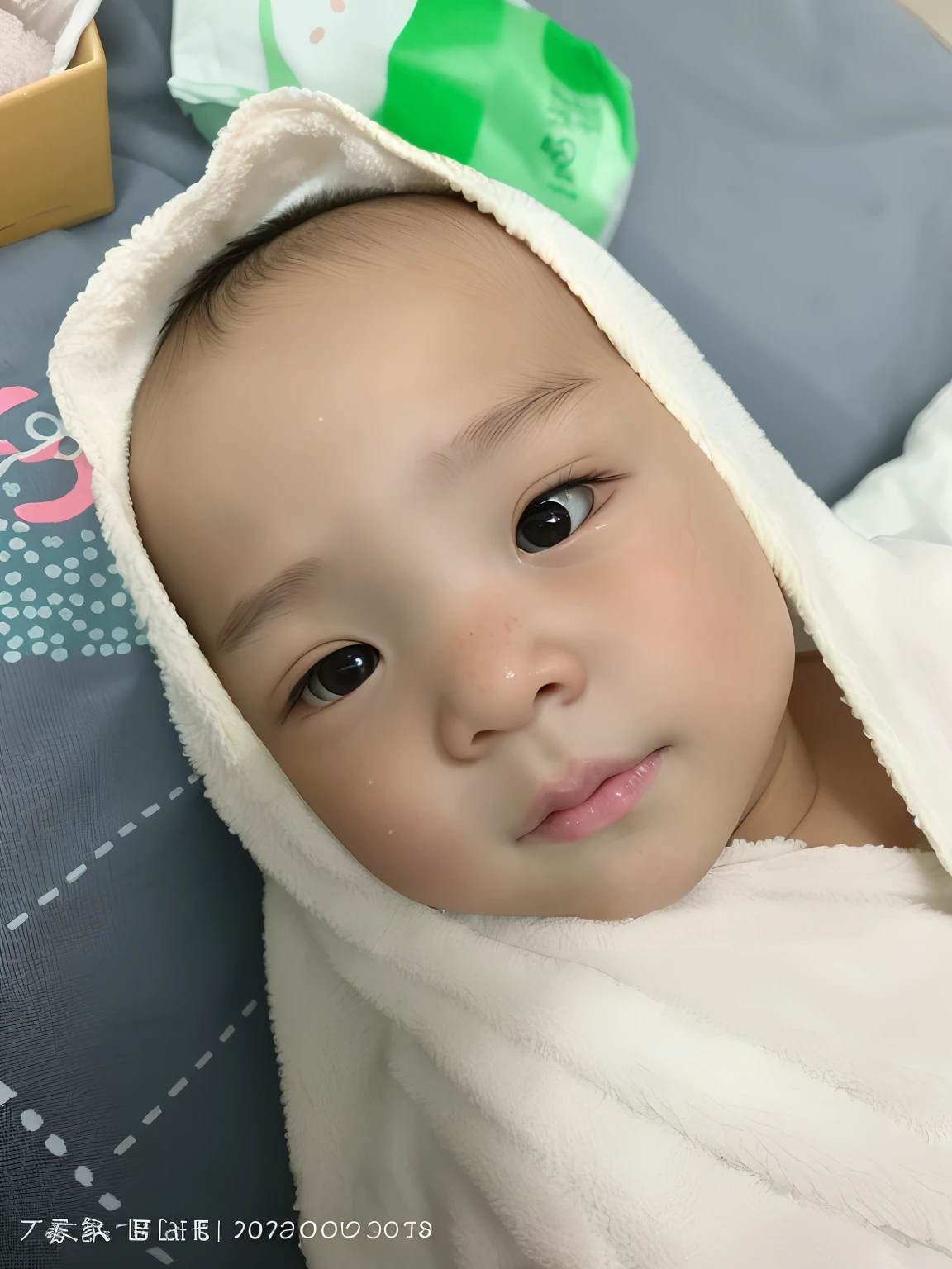 There was a towel wrapped baby on the bed, boy with neutral face, with cute doting eyes, young cute wan asian face, closeup of an adorable, Innocent face, detailed face of a asian boy, close up portrait shot, Cute boy, close - up portrait shot, Young and cute face, Look at the camera intently, high angle closeup portrait