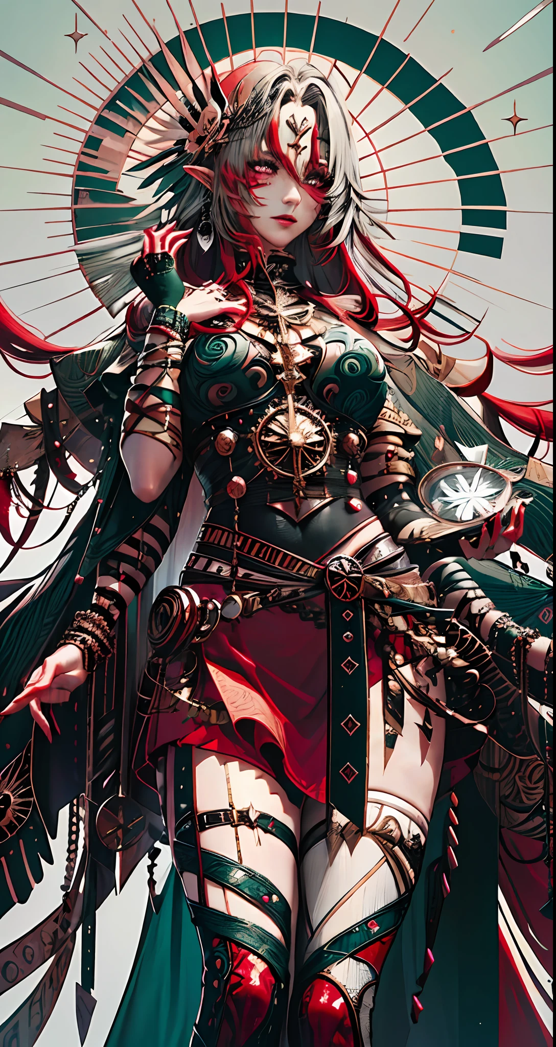 Windswept Princess Fair skin Green pupils Multicolored silver headdress Ruby in the center of the forehead Flowing hair Butterfly accessories for both ears Red hair cord Dancing red skirt Hips and chest half exposed