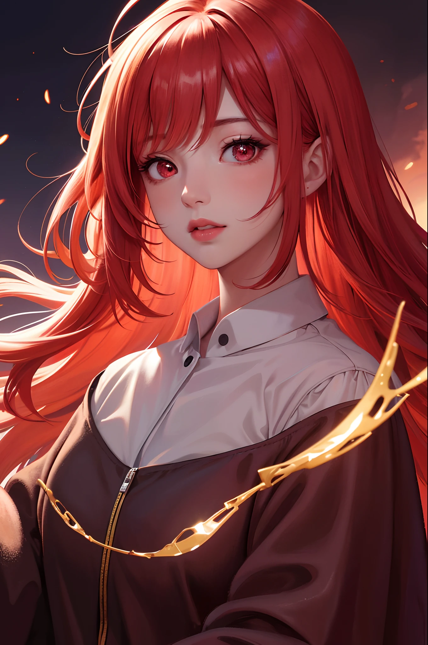 1girll, star eye, Blush, lighting perfect, Red hair, Red eyes, illusory engine, side-lighting, Detailed face, bangs, Bright Skin, Simple background, Dark background,