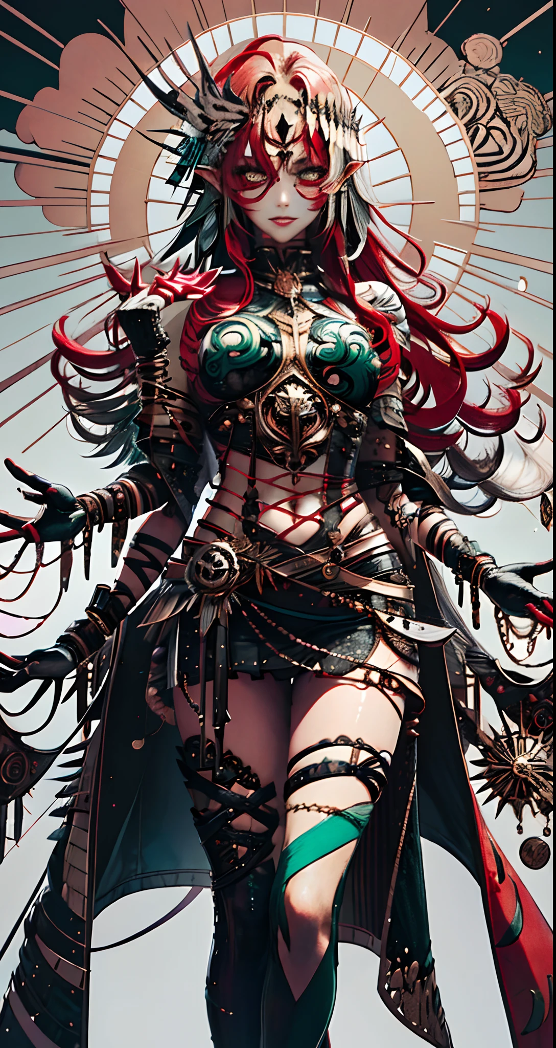 Windswept Princess Fair skin Green pupils Multicolored silver headdress Ruby in the center of the forehead Flowing hair Butterfly accessories for both ears Red hair cord Dancing red skirt Hips and chest half exposed