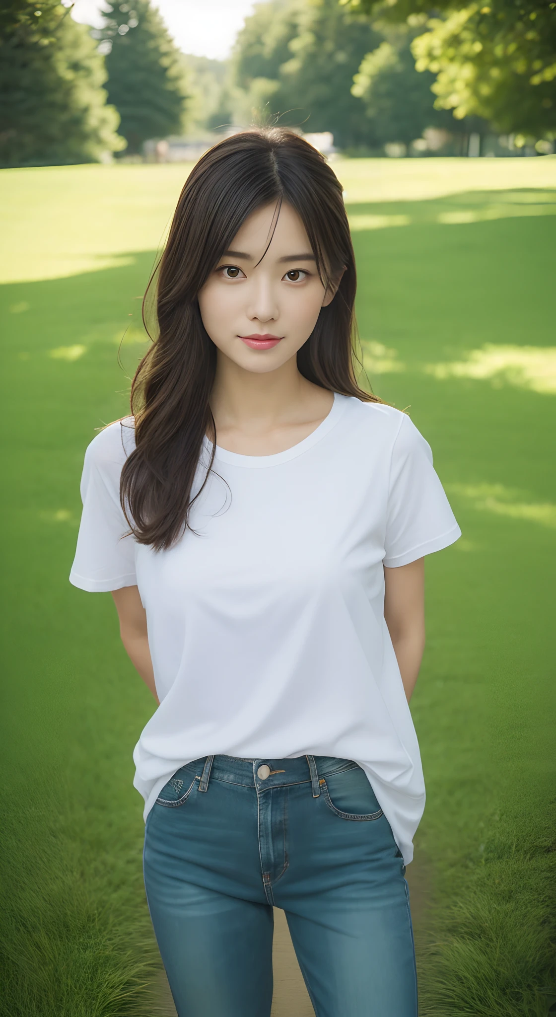 （（top-quality，8K，tmasterpiece：1.3）），focal：1.2，Perfect beauty：1.8，glute：1.2，（Layered Hair Style，boobgasm：1.5）），（wetclothes：1.1），Japan high school student，Blue T-shirt and skinny jeans，（outside，grassy fields），Highly Detailed Face and Skin Textur，largeeyes，Tanuki face，二重まぶた，Whitens the skin，Bud cutting，full body shot of:1.8