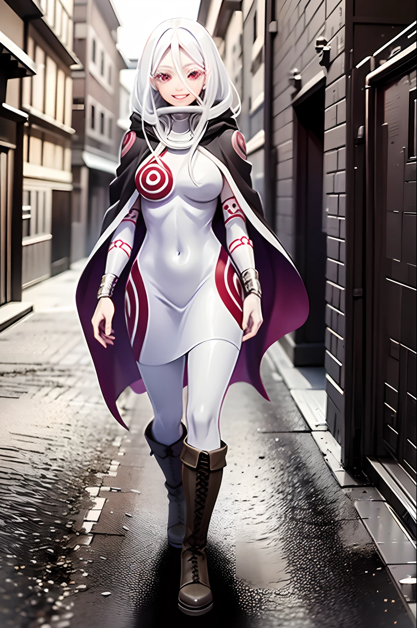 shiro /(deadman_wonderland/), cute, (standing:1.2), (white hair:1.2), (red eyes:1.3), crazy face, crazy eyes, pale skin,, cloak, boots, smile, walking village medieval europe, dress