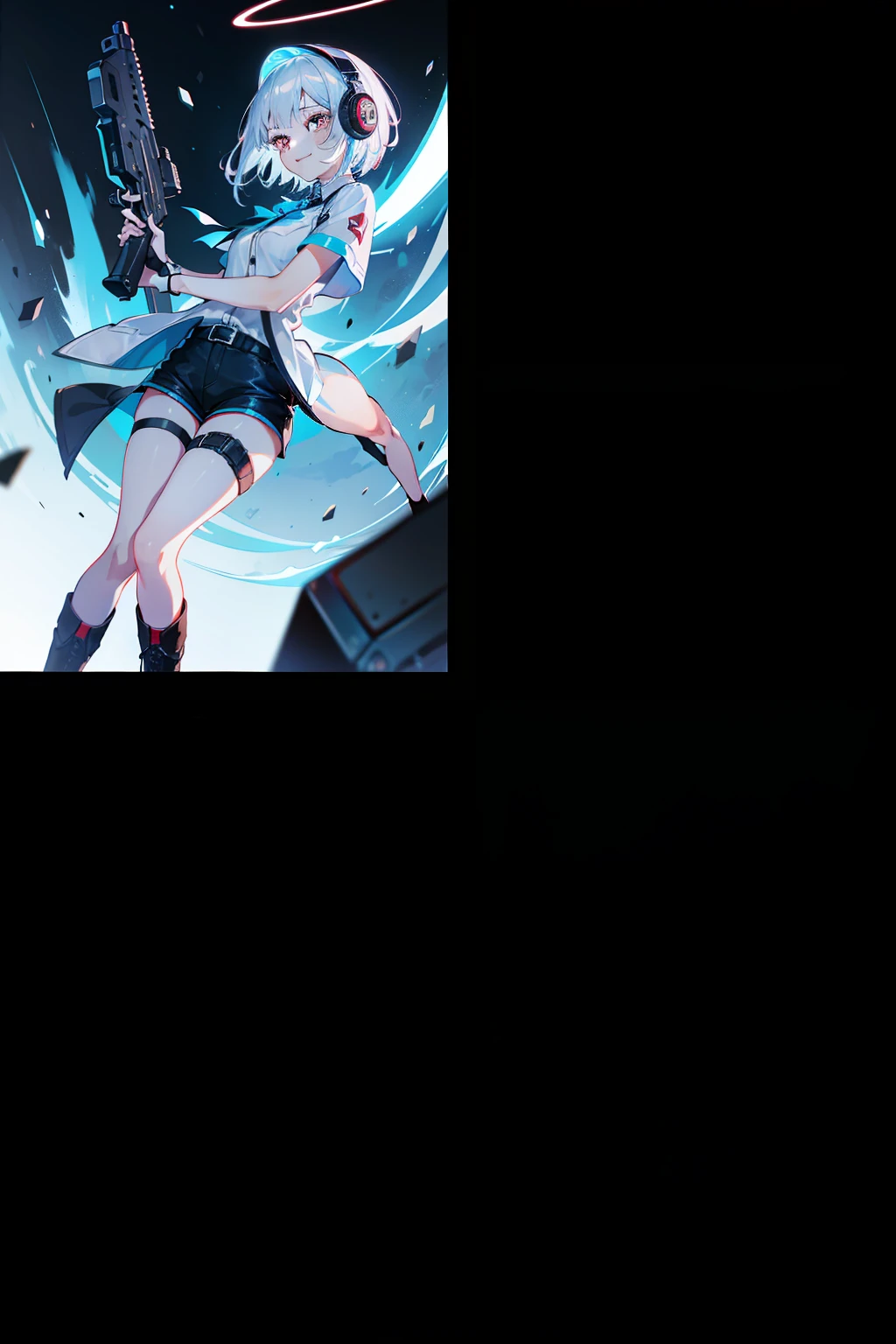 whaite hair,short detailed hair,Red eyes,s girl,holding gun,Wearing white short sleeves,Wear black stockings,Wear a light blue transparent coat,Wear short white leather boots,with headphone,wear short shorts,There are malicious smiles,Ark of tomorrow,Blue tone background,There is a blue halo on the head