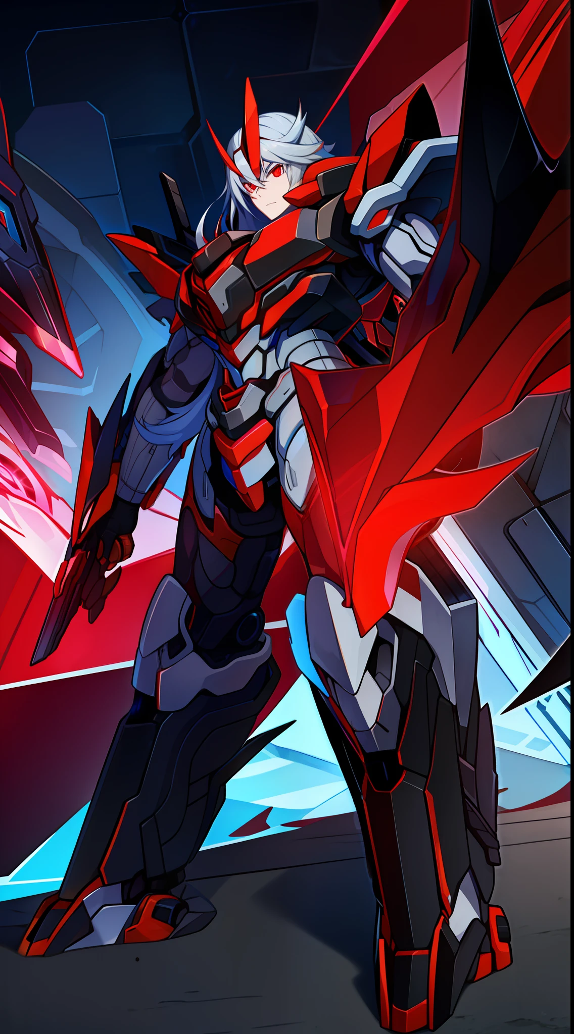 young boy, long gray hair, red eyes, The Iron Mantle of Cybertron, open torso, Iron horns, Masterpiece, hiquality