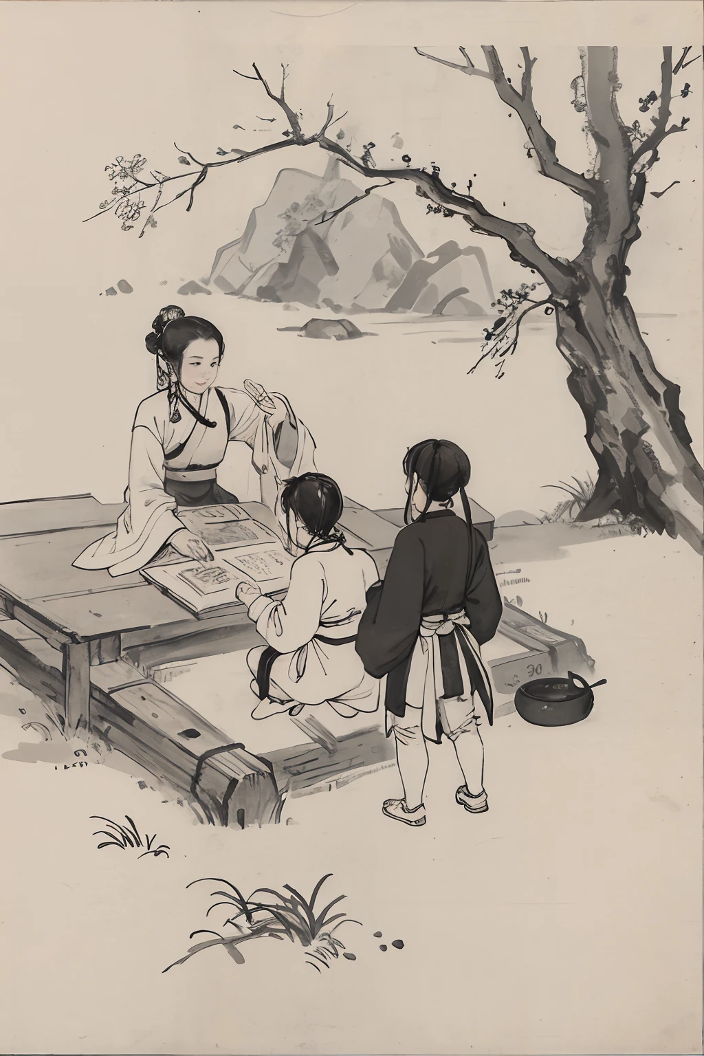 (masterpiece, best quality: 1.2), traditional Chinese ink painting, two children