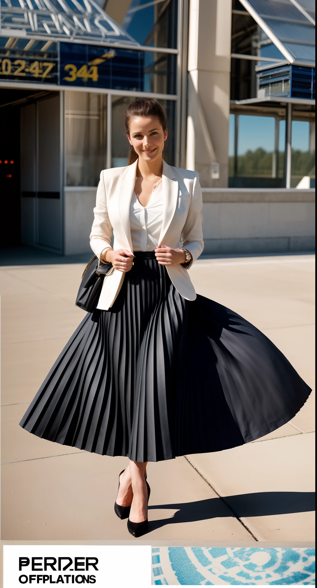 very (shy smiling:1,1) good woman wearing a short blazer with a very very detailed (long (fully pleated) full circle skirt) and (simple) low heeled office shoes, very very intricate hyper-detailed symmetric (attractive graceful young feminine face) with (sad, tired eyes and a shy smile), , full of empathy and compassion and love, (pronounced (feminine) features), (highly detailed ultra accurate realistic) hands and fingers, (windy conditions and wind blowing), epic composition, highly detailed attributes, highly detailed atmosphere, (35mm f1.4 Kodak portra 400 photograph), extremely high quality RAW photograph, (deep space station secret operations active),