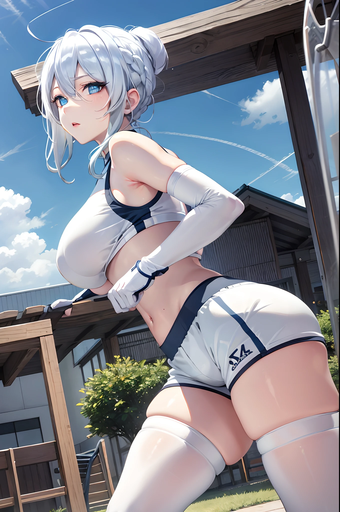 masterpiece, best quality, highres, Yukino, silver hair, blue eyes, short hair, symbol-shaped pupils, +_+, large breasts, gym uniform, white shirt, sleeveless, white gloves, elbow gloves, white shorts, gym shorts, short shorts, white thighhighs, outdoor, playground, grass, cowboy shot, standing, leaning forward,