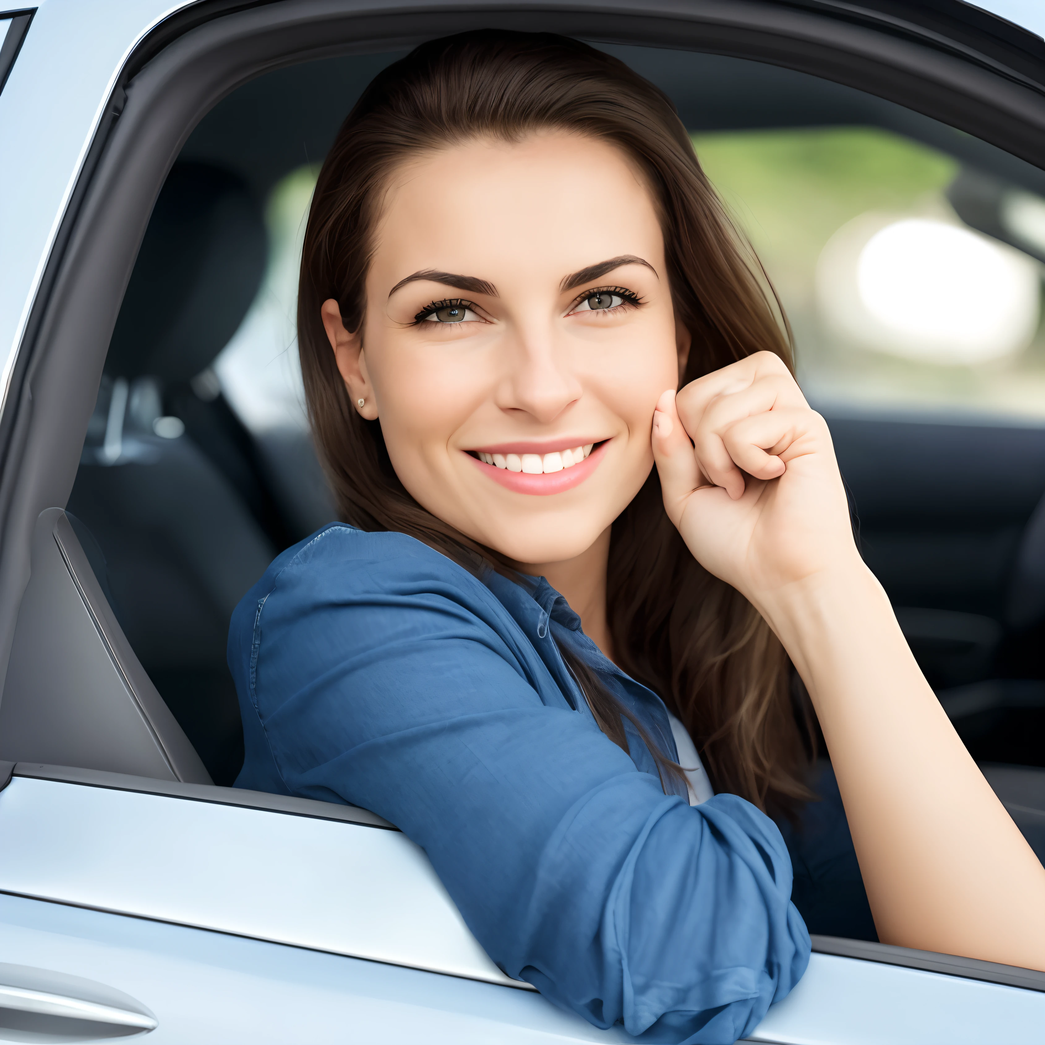 Smiling woman sitting in a car with her hand on the window, dirigindo um carro, sentada em seu carro, mulher atraente, driving, automotivo, Detalhamento sutil, mulher bonito, foto de retrato, menina atraente, obra de arte, mulher sorridente, Mulher jovem sorridente, sorriso de boas-vindas, driving fast, mulher linda, foto de retrato em close-up, mulher atraente do cabelo castanho, um super-inteligente