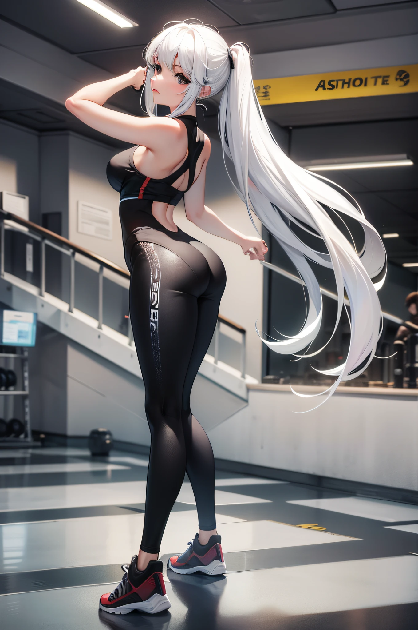 Full body,tight leggings,girl,white hair,gym,ass,bending.