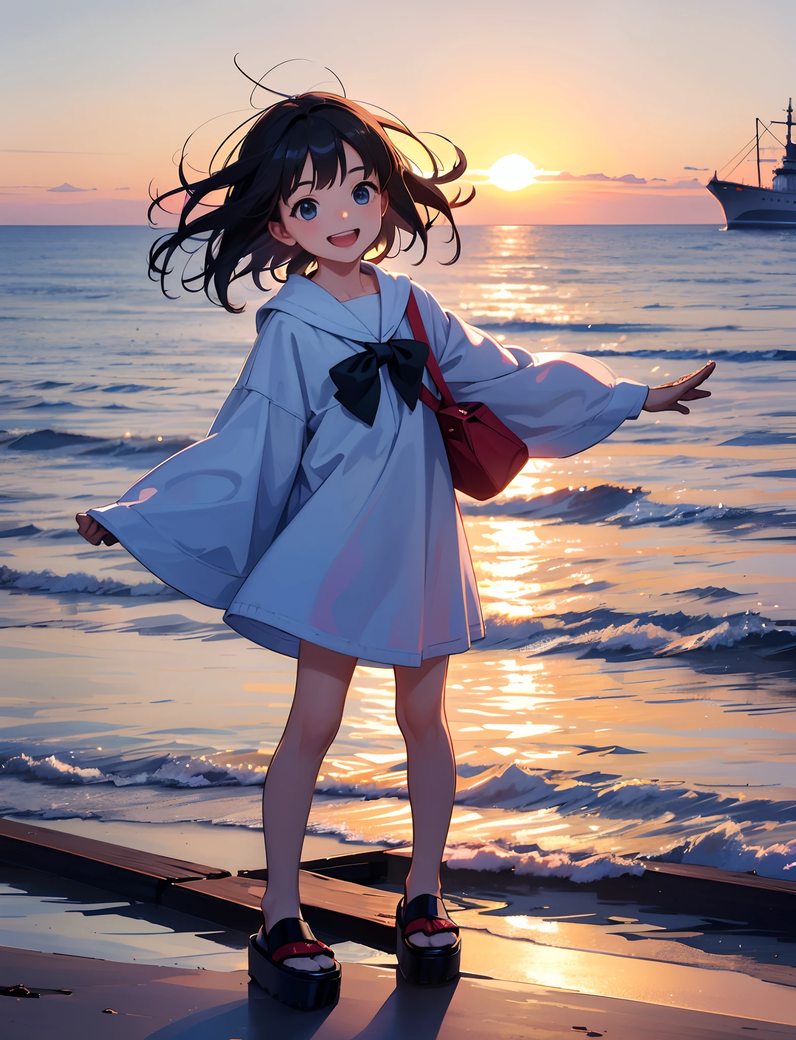 A happy little girl，Dressed in casual attire，Wear slippers，standing on the sea side，The background is the cross-sea bridge，There are ships passing by，Sunset and sunset，Face the camera，Full body photo，Ultra-high definition