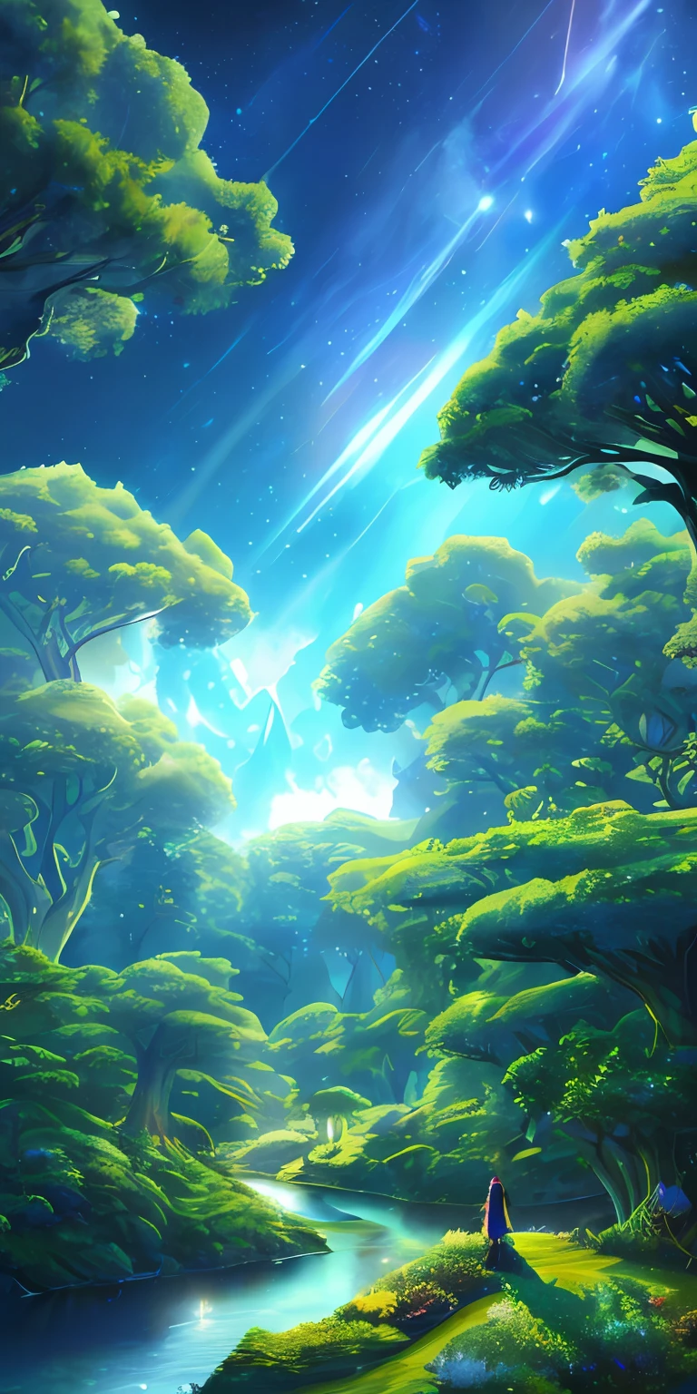 Illustration of a surreal, otherworldly, hyper sky scene including a giant crystal tree full body, highly detailed and magical lighting, intricate forest details, vegetation and surrounding river, solar punk, landscape, giant tree , beautiful green leaves, beautiful lighting and realistic proportions, as if this is a movie background, 8k, highest quality, masterpiece, clouds and stars in the sky.
