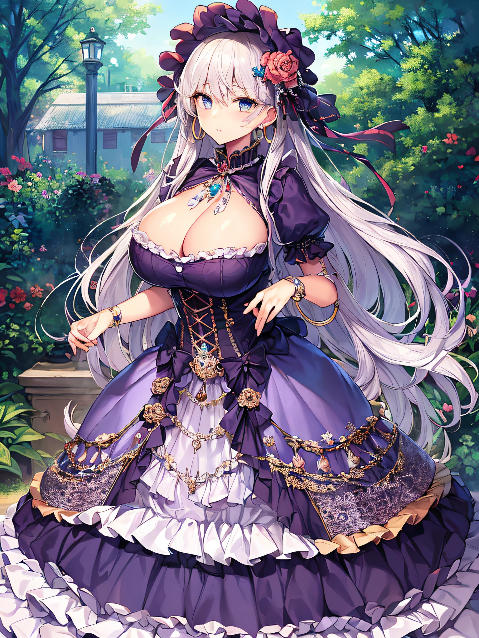 ((anime artstyle)),(Masterpiece),(Best Quality), (Super Detail),((Very Delicate and Beautiful)),(((Solo))),((full body)),(((1 princess in gorgeous lolita dress with voluminous full length hoop skirt))),((standing in garden)),Long train,(bling-bling gorgeous gemstone jewelry),detailed face and eyes,jewel-like eyes,cry,((large amount of straight hair,extremely voluminous Very Long Straight Hair)),((gigantic tits,Long tits)),cleavage,(gorgeousfull embroidery and lace),gorgeous corsage,See-through,((extremely gorgeousfull lolita hair ornament)),bling-bling extremely gorgeousfull jeweled tiara,ornate ruffles,beautiful embroidery,(hoop skirt,crinoline),flowers, flower petals flowing,((Dynamic Angle)),Looking at viewer,((full body)),gorgeous lolita dress with voluminous full length hoop skirt