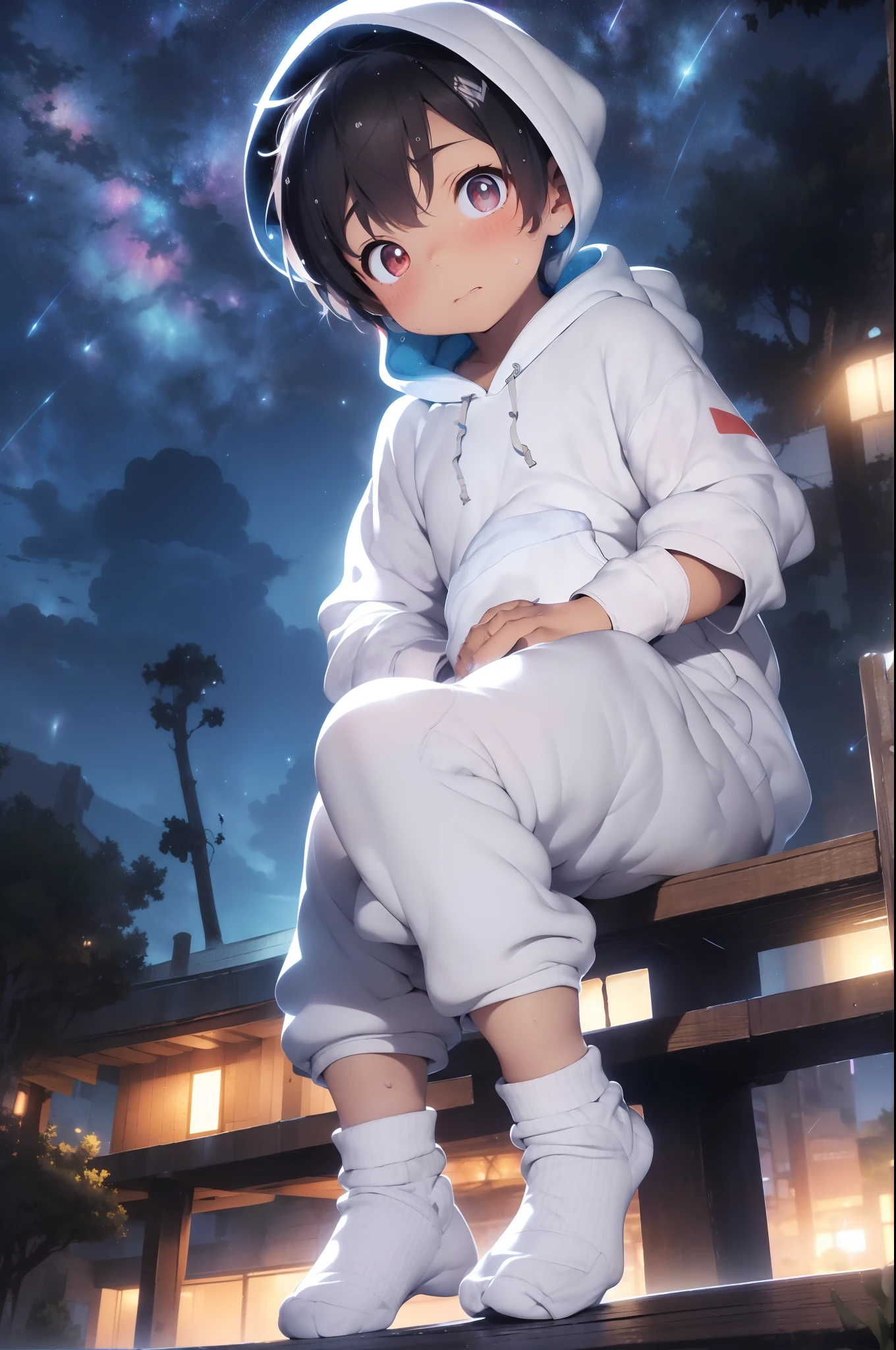 chubby Little boy with white hair and shiny red eyes and colorful socks wearing a hoodie, and sweatpants sitting on a bench, blushing, drooling, young, boy, child, small, toddler, soft light, starry night sky, beautiful sky,(sweatpants:1.8), (socks:1.8), (little boy:1.4), (shota:1.4), (cute:1.4), (small:1.6), (hoodie:1.6), (night:1.6),