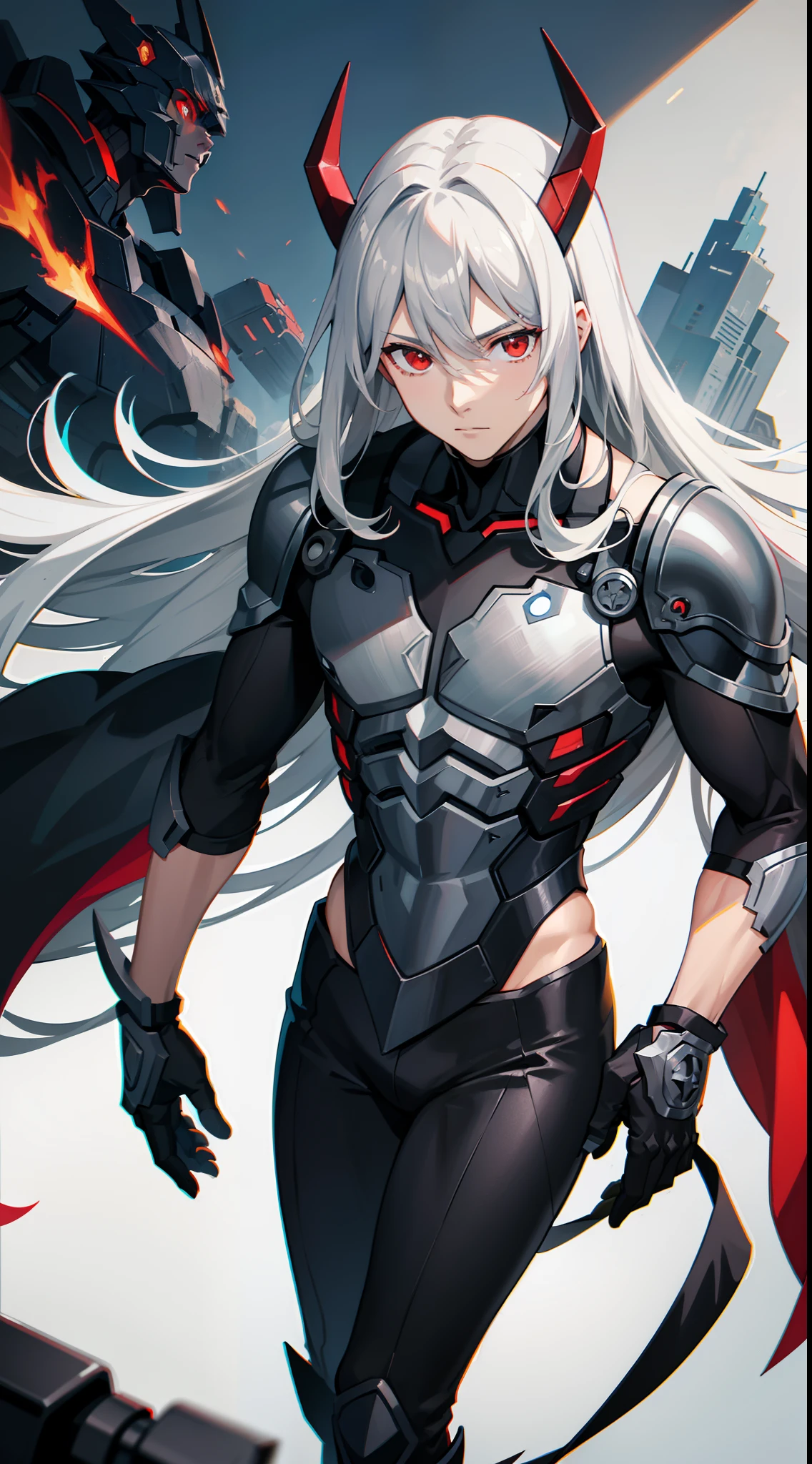 young boy, long gray hair, red eyes, The Iron Mantle of Cybertron, open torso, Iron horns, Masterpiece, hiquality