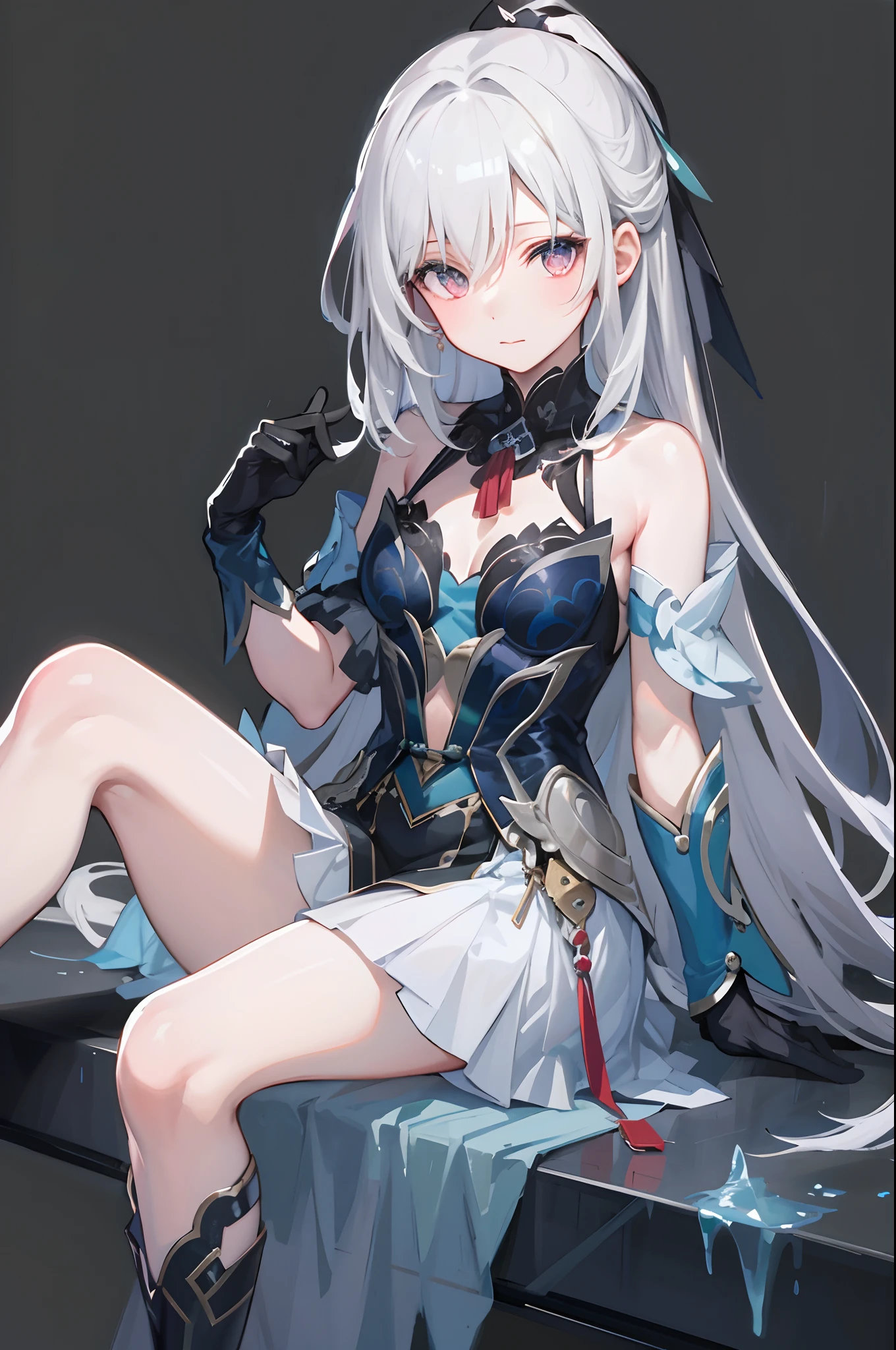 masterpiece, best quality, JingliuV4, 1girl, solo, looking at viewer, closed mouth, gloves, dress, black gloves, detached sleeves, hands behind back,