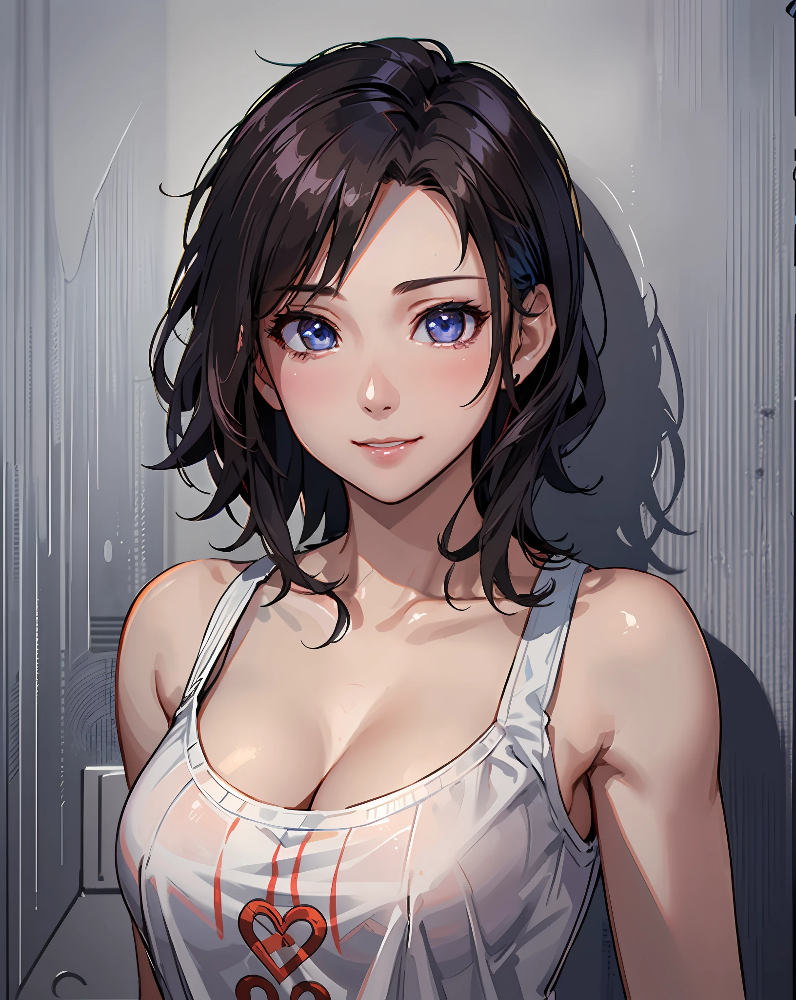 Best Quality, Ultra High Resolution, (Photorealistic: 1.4), Beautiful Eyes, Super Beautiful, Very Short Hair, Beautiful, Sweetheart, T-shirt with Rough Chest, Beautiful Soldier, Eyes That Invite Viewer, Lover's Perspective, Inviting Expression, Sexy Smile, Perfect Style, Perfect Balance, Detailed Skin, Naughty Gaze, Chest Visible