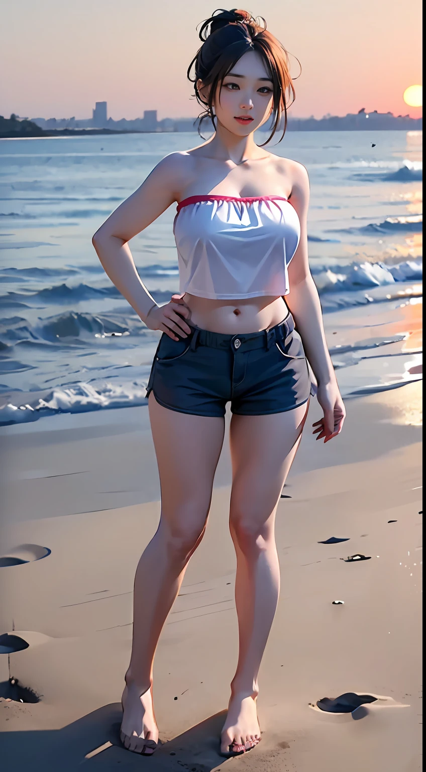 ((Best picture quality, 8K, tmasterpiece:1.3)), 1girll, Beautiful woman with slender abs:1.3, (Casual hairstyle, No leakage of big breasts:1.1)，((Upload a sleeveless bandeau:1.5))，((boxer shorts)),((Super large))，（slightly fat big breasts），plumw，(Full body like)，Frontal photo，（Long-range shots），standing on your feet，(Good facial features），Ultra-fine face, A detailed eye, 二重まぶた，beachside，sandbeach，the setting sun