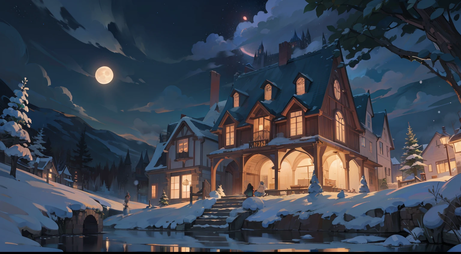 (masterpiece), best quality, ultra high res, detailed structure, detailed architecture, (warm pastel color), medival theme, medival city, snowing, (at night time:1.5), moon, cloud