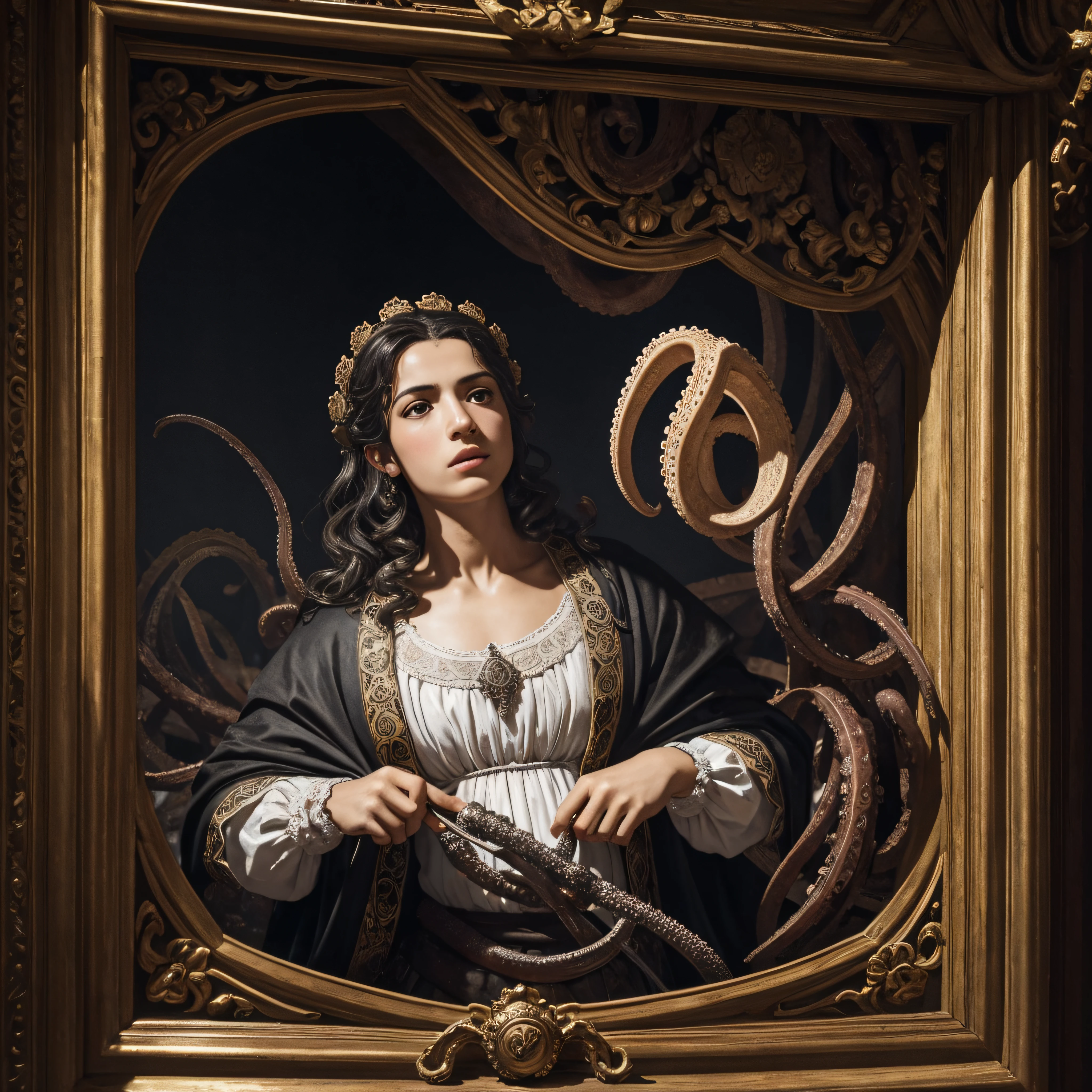 (extremadamente detallado, obra maestra, La mejor calidad), Estilo oscuro, intense illumination. templario. armadura medieval, rostro con arrugas, lengua larga, tentacle, deforme, imagen submarina, pico de pulpo amenazante. manchas de tinta. Rococo composition. Luz de caravaggio
