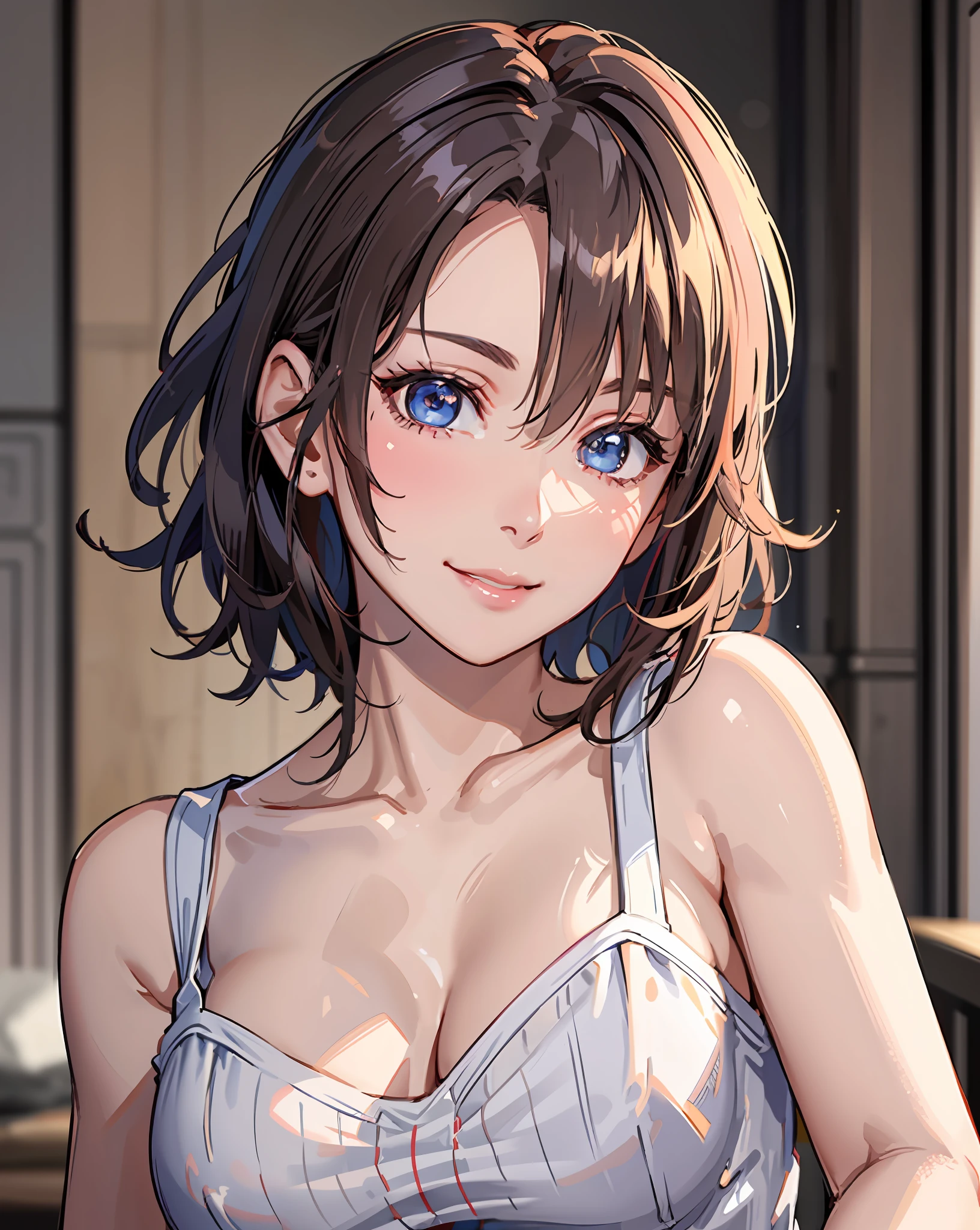 Best Quality, Ultra High Resolution, (Photorealistic: 1.4), Beautiful Eyes, Super Beautiful, Very Short Hair, Beautiful, Sweetheart, T-shirt with Rough Chest, Beautiful Soldier, Eyes That Invite Viewer, Lover's Perspective, Inviting Expression, Sexy Smile, Perfect Style, Perfect Balance, Detailed Skin, Naughty Gaze, Chest Visible