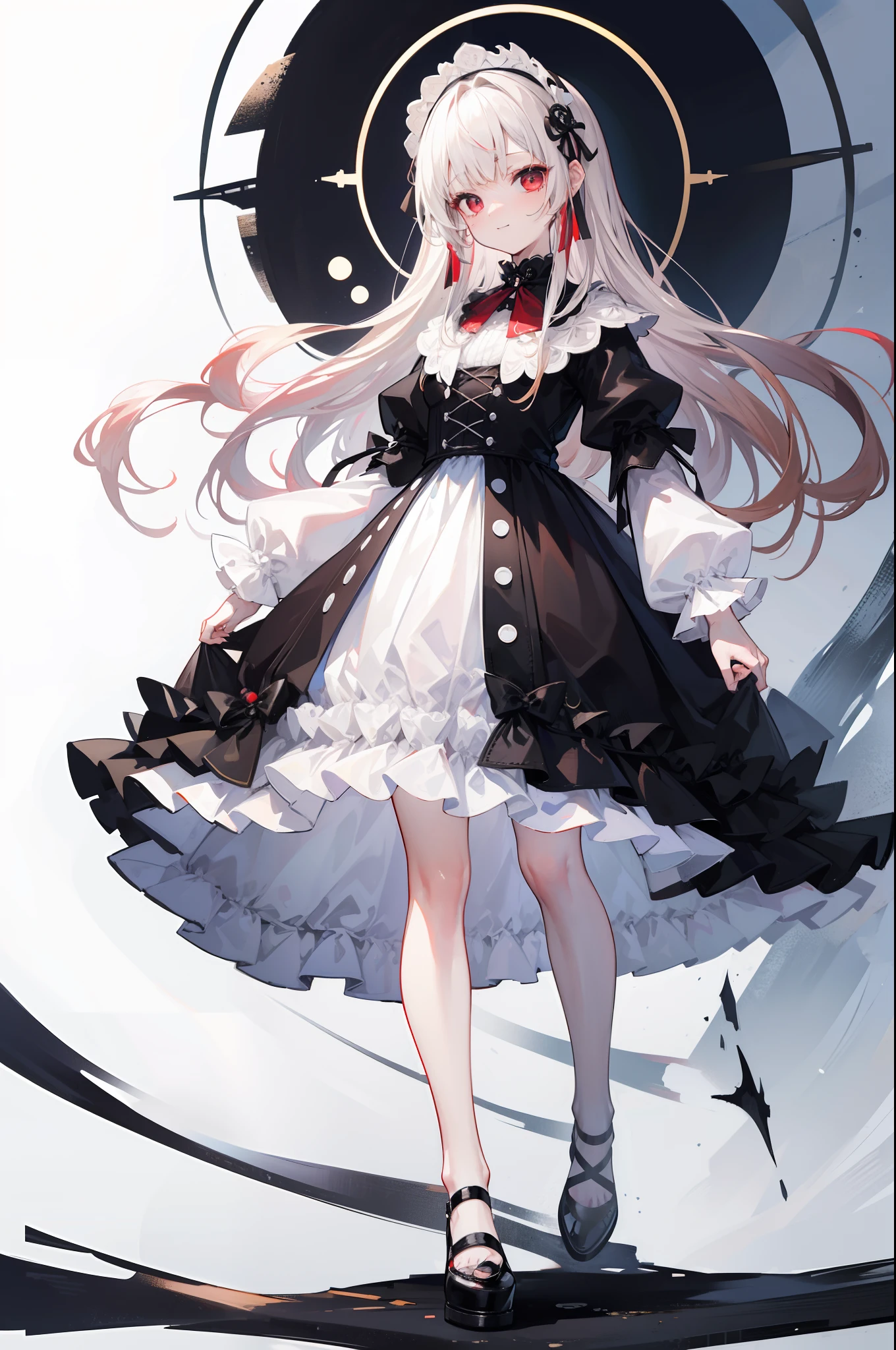 Background white、white backgrounid、(top-quality、8K、masterpiece:1.3) Highly detailed facial and skin texture、full body Esbian、very delicate red eyes、二重まぶた、de pele branca、length hair、(with round face:1.5)、A dark-haired、Black Goth Lolita Dress、Hair Ribbon、Smiling、front facing、Full-body image from head to toe、erect through、Stand straight、Standing picture to the tip of the shoe、No background