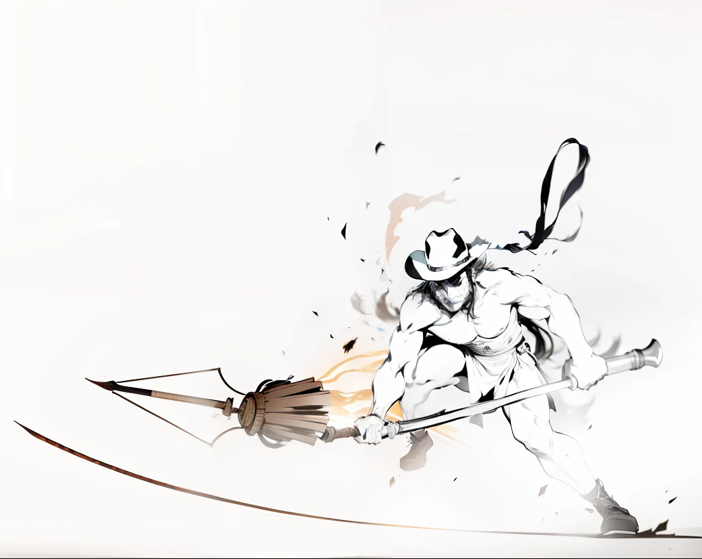 best qualtiy,tmasterpiece,超高分辨率,(realisticlying:1.4),xiuxian,arma,Detal Face,
A shirtless man,He pressed his left leg to the ground,Hold spears in both hands,Rush forward,The cowboy hat is blown up by the wind,Highlight muscles,The graphics are very impactful,Lens distortion,auto shading,dynamic blur