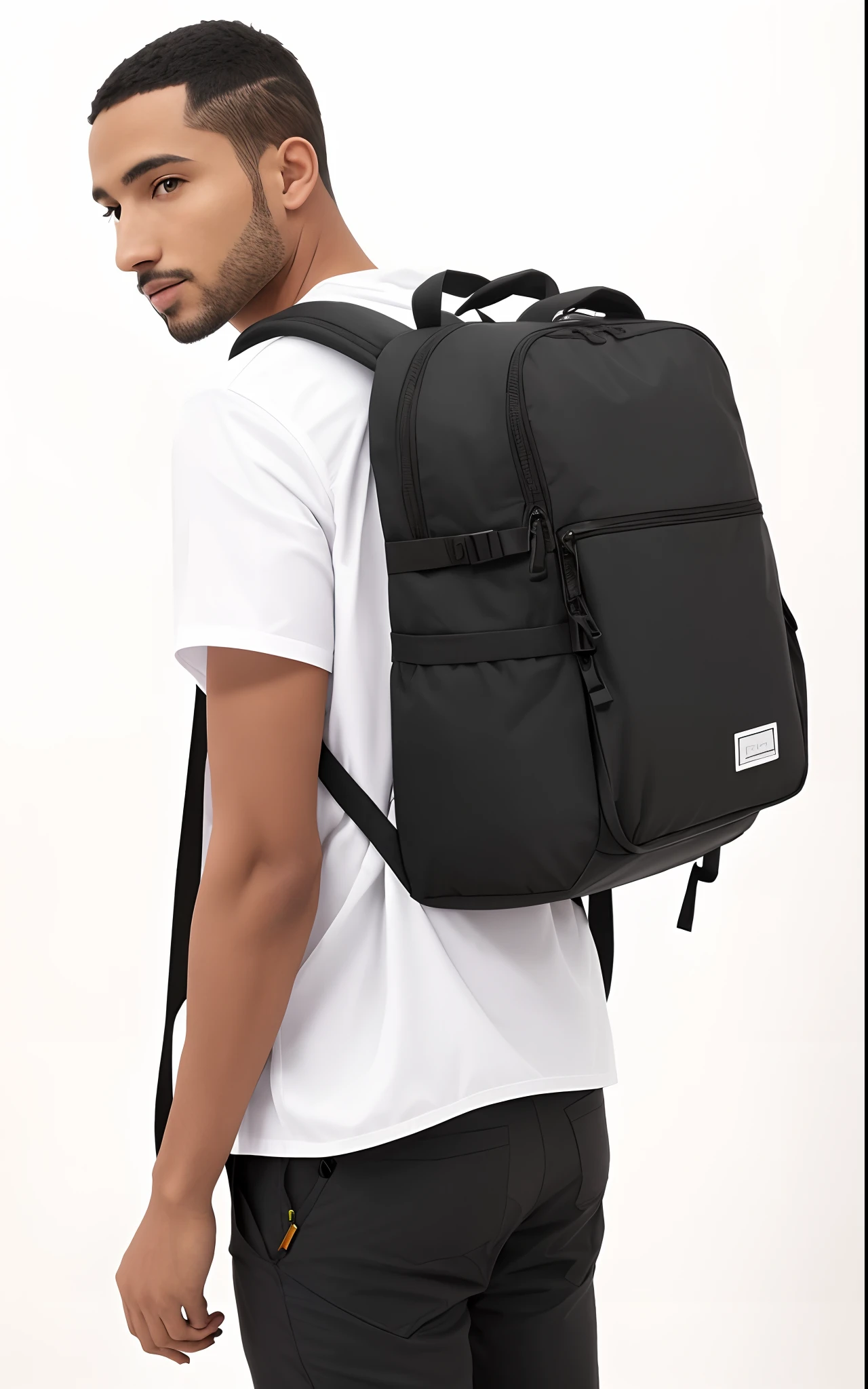 A Man with a Backpack Stands in Front of a White Background, um homem usando uma mochila, mochila, o homem tem uma mochila, com uma mochila, uma mochila, model is wearing techtical vest, F / 3 2, F32, F 3 2, saco sobre a cintura, Chuva iluminada, mochila quadrada, cheio de detalhes, obra de arte