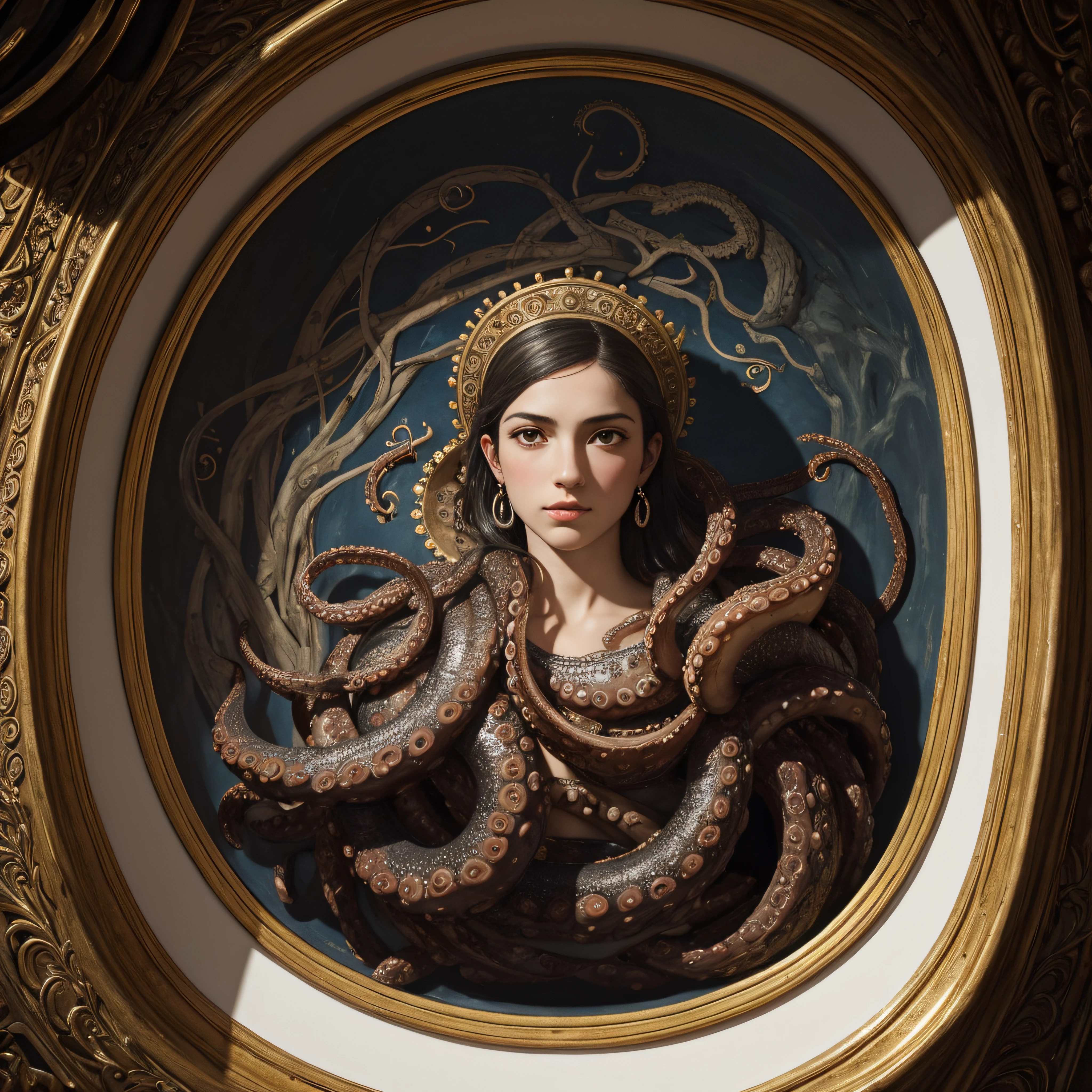 (extremadamente detallado, obra maestra, La mejor calidad), Estilo oscuro, intense illumination. templario. armadura medieval, rostro con arrugas, lengua larga, tentacle, deforme, imagen submarina, pico de pulpo amenazante. manchas de tinta. Rococo composition. Luz de caravaggio