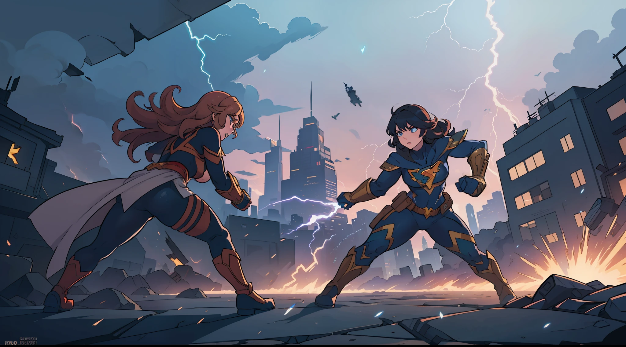A beautiful and powerful heroine is fighting with a super villain in a big and fancy city, action scene, superpowers, full body shot, daylight, lightning light, high definition, Ultra Quality, 8k, masterpiece, intricate details, volumetric light, dynamic compositing