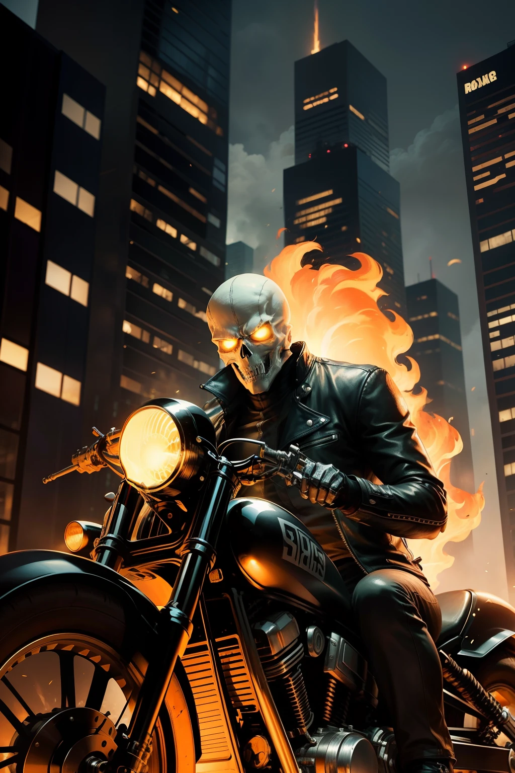 Ghost Rider, rides his motorcycle up a  skyscraper, and gets shot at by the FBI, all at night.