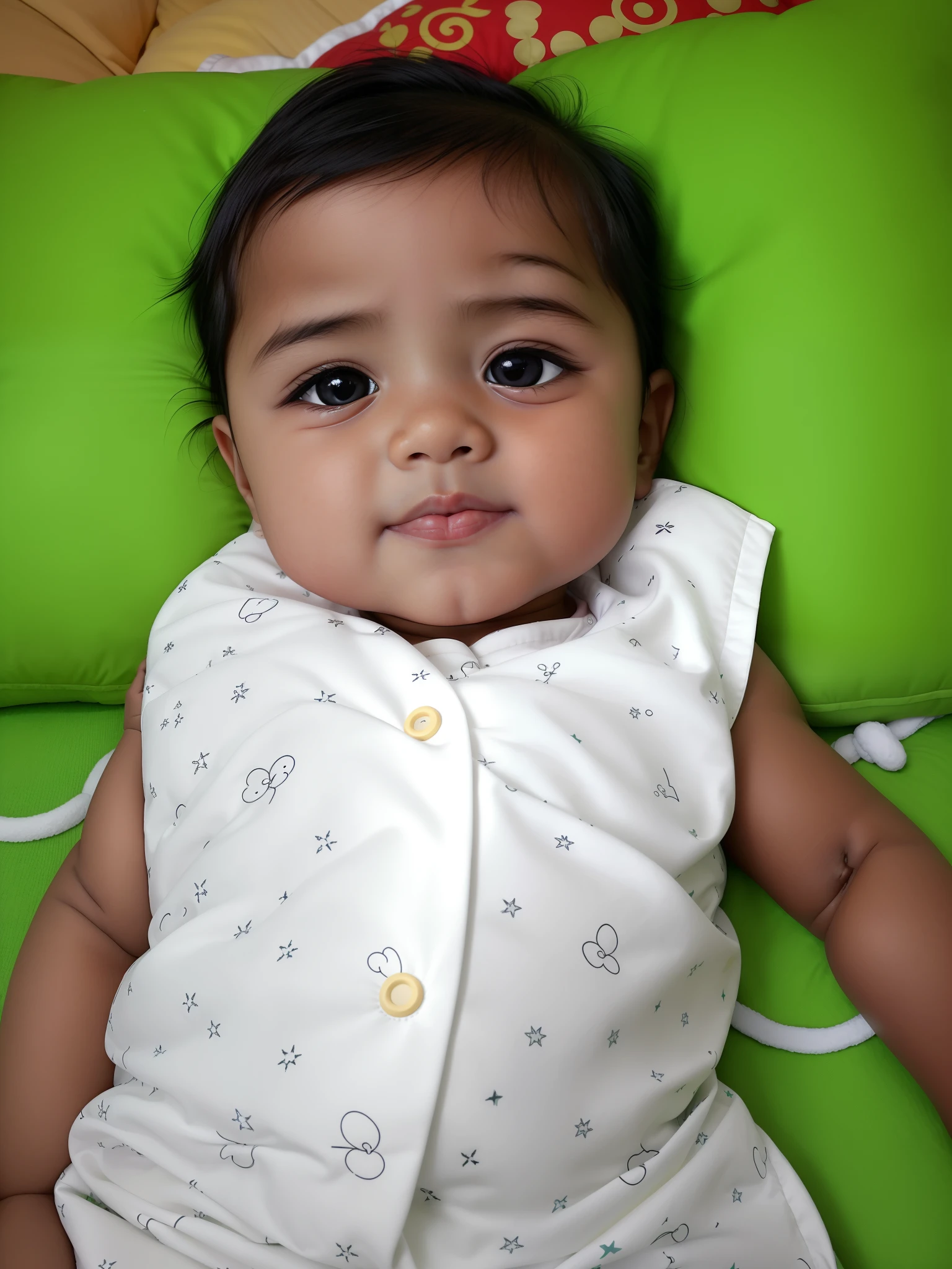 there is a baby that is laying down on a pillow, ayan nag, with cute doting eyes, innocent face, with accurate face, beautiful cute, innocent look, very very very beautifull face, cute beautiful, young child, vinayak, beuatiful face, young cute face, marvelous expression, taken with sony alpha 9, nivanh chanthara