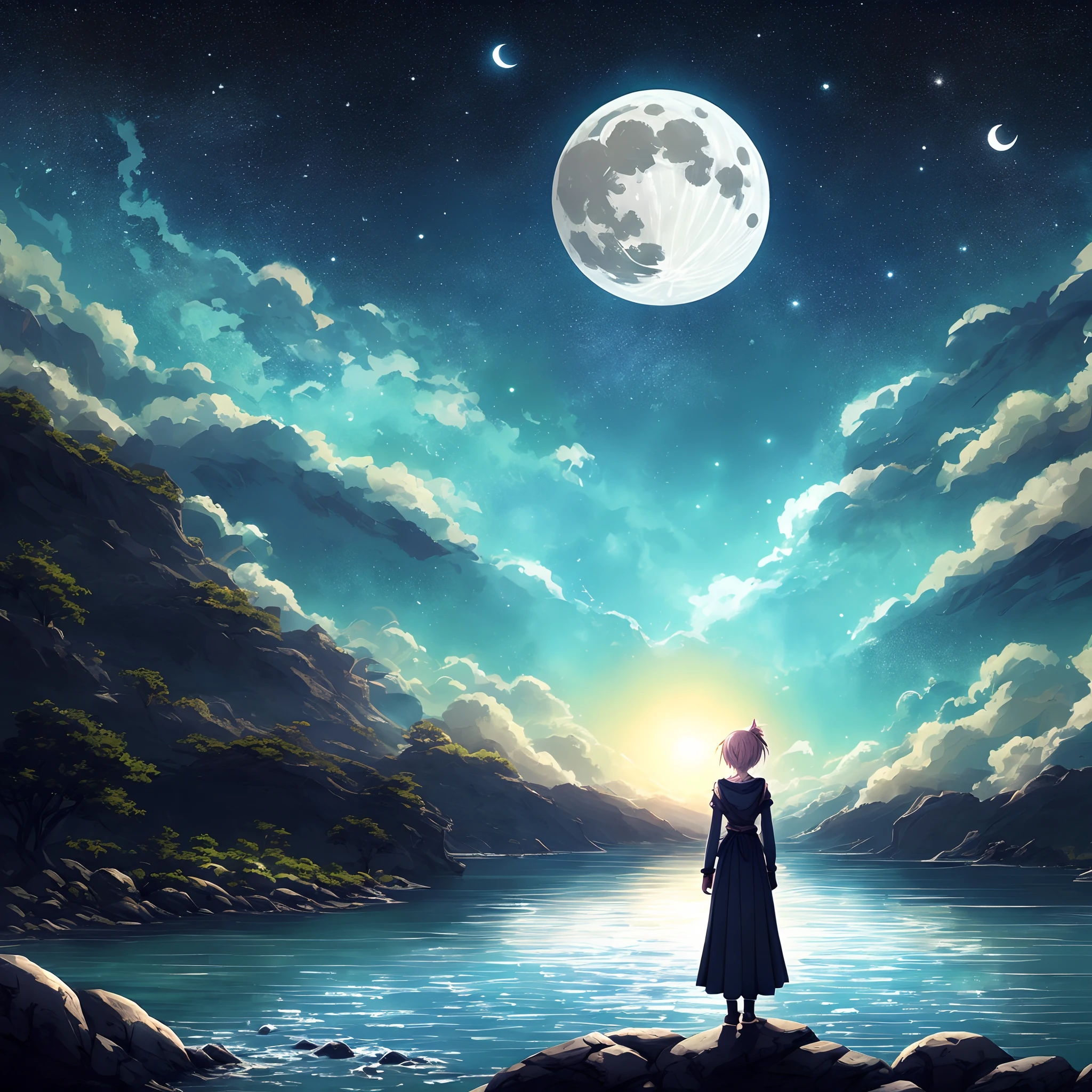 A painting of a river with stars and moon in the sky,The concept art was inspired by Tosa Mitsuoki,Pixiv competition winner,best qualtiy,Fantasyart,beautiful anime scenes,A bright moon,Starry sky environment in moonlight,Dream painting,Anime background art,dream scenery art,Fantastic night, anime backgrounds, background artwork, dreamlike art, Atmospheric anime, starrysky,Detail Enhancement,(((Girl's back))),Sateen,Solitude