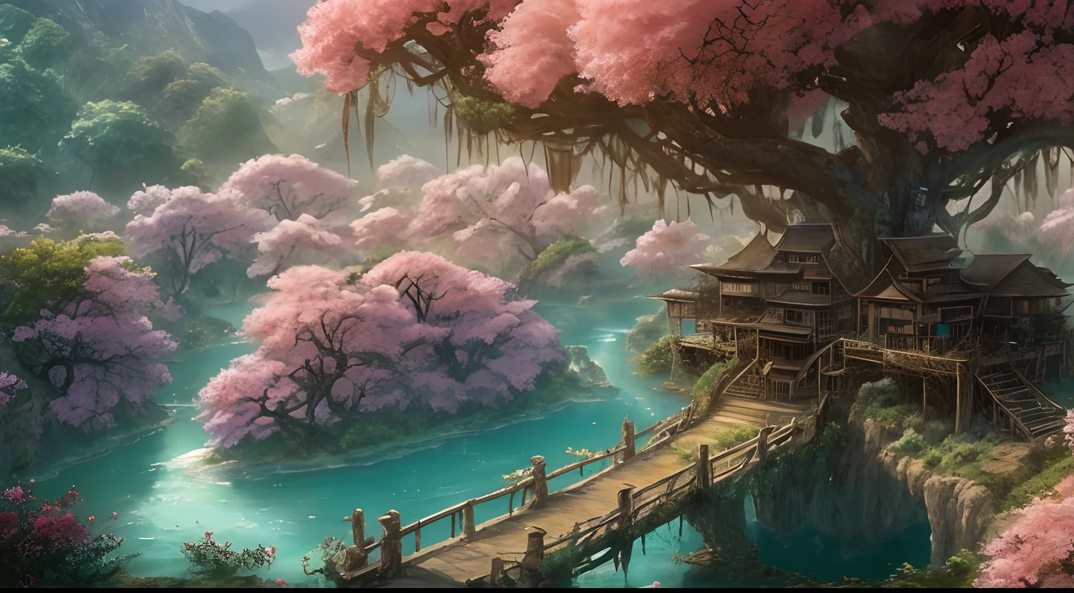 awardwinning, concept-art, fine art, Digital art, bird's eyes view，Downward view，super wide shot，Viewing angle from afar，The beauty of the ancient utopia of the East，"Quaint", "Picturesque", "Rustic", "Lush big breasts", "lawns", ((Peach blossom tree:1.2)), "Small rivers", "Many tree houses", "The tree house is connected to the tree house by a wooden bridge", ((A tree house where vines grow)), Epic, ((Cinematic lighting)), High quality, High contrast, Realistic lighting,4K textures, photolab, hdr, ((iintricate)), elegant, Highly detailed, Sharp focus, insanely details, Intricate details, ultra - detailed, Harsh movie light, Outdoor atmosphere