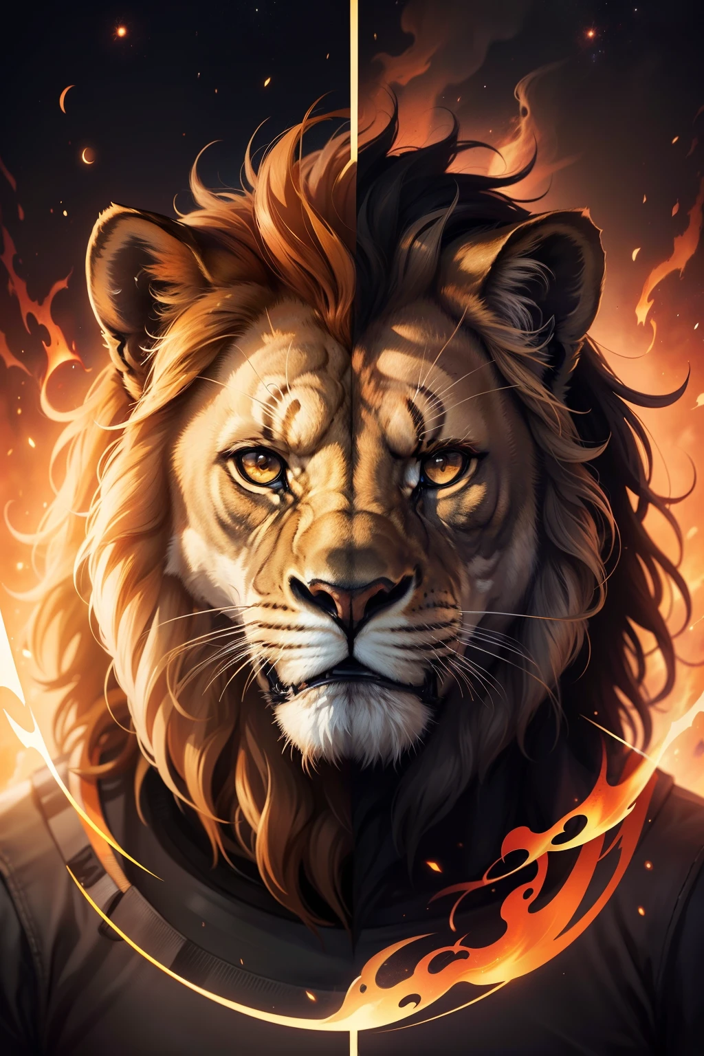 Realistic lion logo with frontal look with flames in place of mane with background image of galaxy with planets