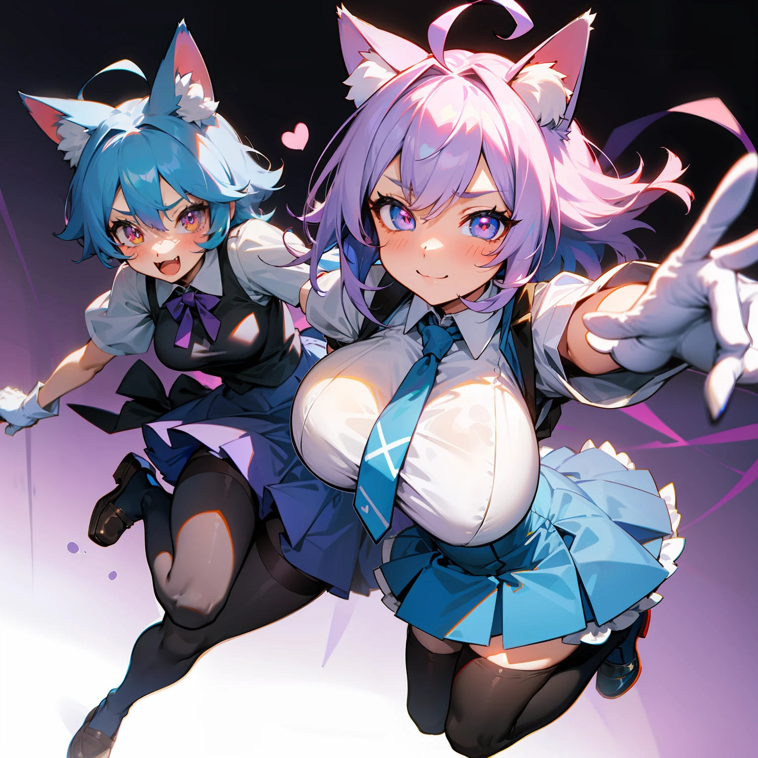kemonomimi_mode,light purple hair,ahoge,heart-shaped pupils,cat_ears,:3,breasts,huge breastsblue and white T-shirt,red pupil,black stockings,blue hair,white gloves,girlish,Brown shoes,2 girls2,blue tie,blue skirt,petrified hair,in bilibili,sister,are smile