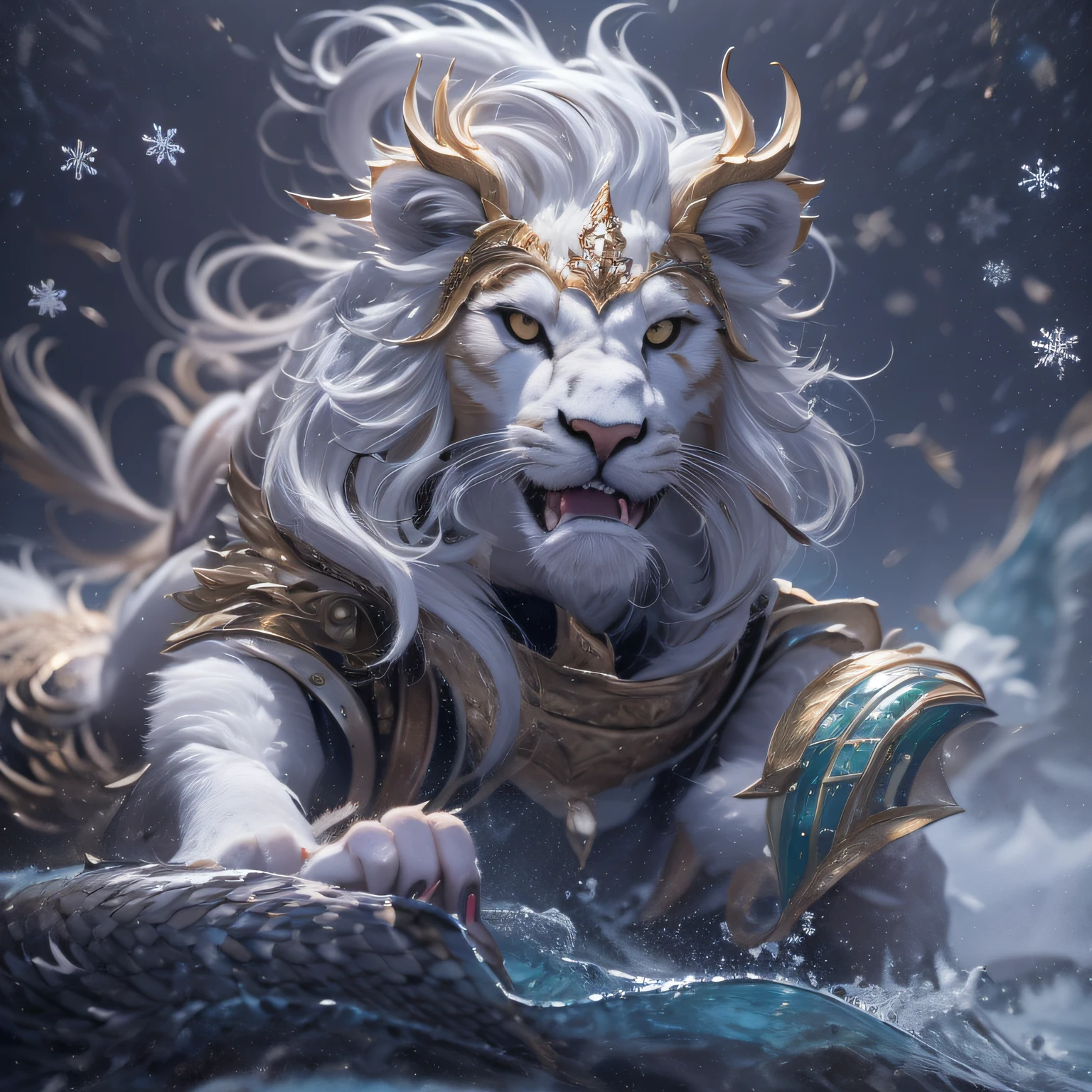 32K(tmasterpiece,k hd,hyper HD,16k)Flowing short hair,Backroom pond,zydink, a color, Asian people (Kema Unicorn), (Silk scarf), Combat posture, looking at viewert, long whitr hair, Floating hair, Hanfu, Chinese clothes, longer sleeves, (abstract ink splash:1.2), white backgrounid,Kirin Beast Protector (realisticlying:1.4),Snowflake lion's head,Snowflakes fluttering,The background is pure, A high resolution, the detail, RAW photogr, Sharp Re, Nikon D850 Film Stock Photo by Jefferies Lee 4 Kodak Portra 400 Camera F1.6 shots, Rich colors, ultra-realistic vivid textures, Dramatic lighting, Unreal Engine Art Station Trend, cinestir 800,