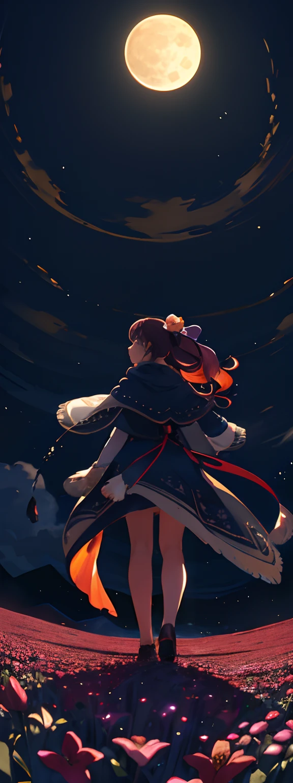 A wide landscape photo, (viewed from below, the sky is above, and the open field is below), a girl standing on a flower field looking up, (full moon: 1.2), (meteor: 0.9), (nebula: 1.3), distant mountains , Trees BREAK Crafting Art, (Warm Light: 1.2), (Firefly: 1.2), Lights, Lots of Purple and Orange, Intricate Details, Volumetric Lighting BREAK (Masterpiece: 1.2), (Best Quality), 4k, Ultra Detailed, (Dynamic Composition: 1.4), Rich in Detail and Color, (Rainbow Color: 1.2), (Glow, Atmospheric Lighting), Dreamy, Magical, (Solo: 1.2)