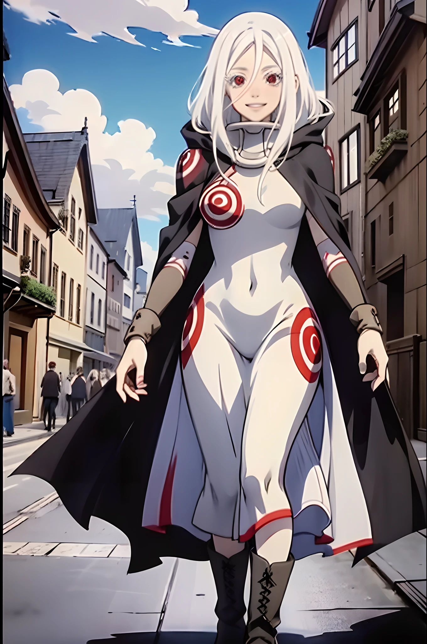 shiro /(deadman_wonderland/), cute, (standing:1.2), (white hair:1.2), (red eyes:1.3), crazy face, crazy eyes, pale skin,, cloak, boots, smile, walking village medieval europe, dress