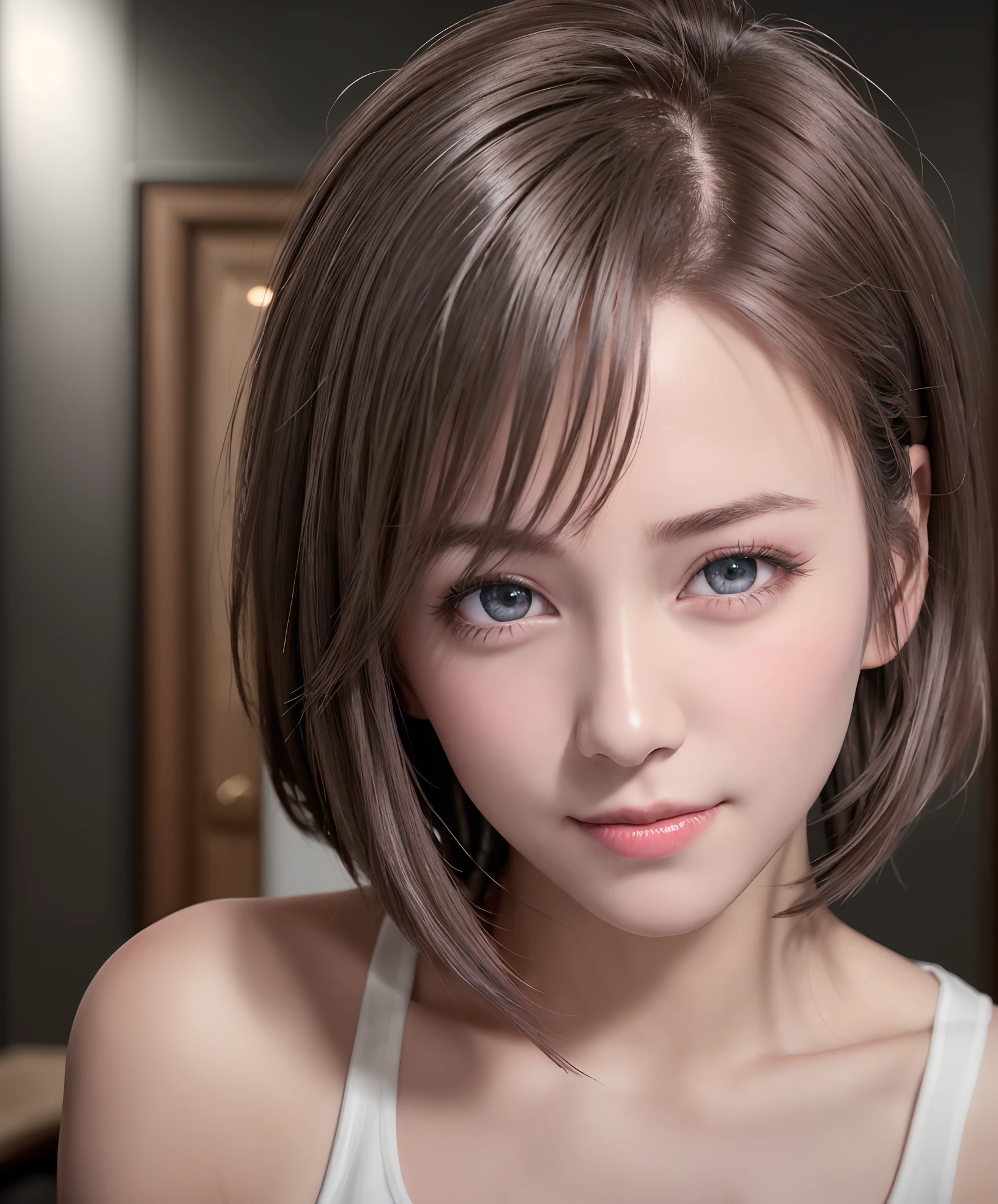 Best Quality, Ultra High Resolution, (Photorealistic: 1.4), Beautiful Eyes, Super Beautiful, Very Short Hair, Beautiful, Sweetheart, T-shirt with Rough Chest, Beautiful Soldier, Eyes That Invite Viewer, Lover's Perspective, Inviting Expression, Sexy Smile, Perfect Style, Perfect Balance, Detailed Skin, Naughty Gaze, Chest Visible