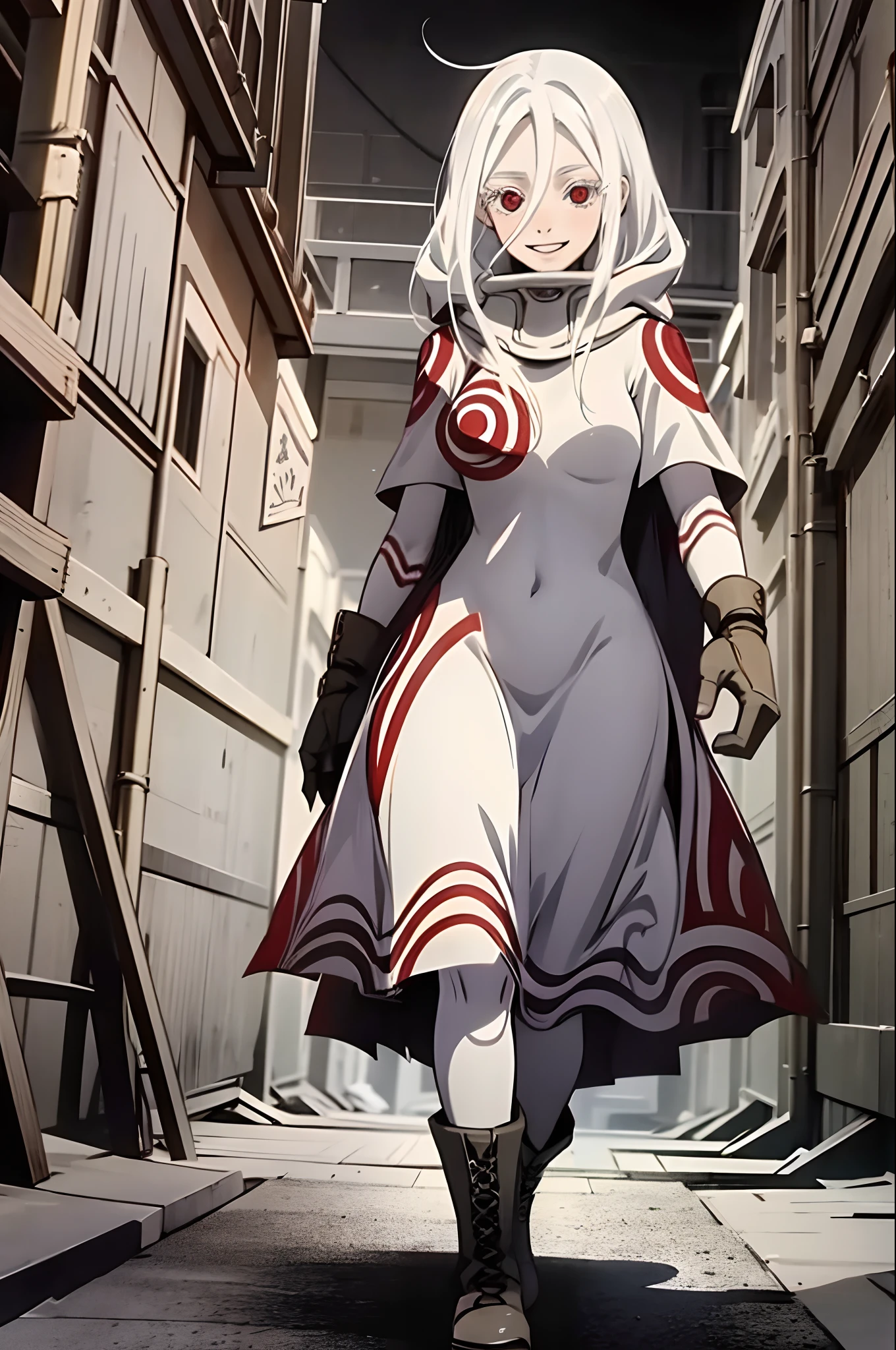 shiro /(deadman_wonderland/), cute, (standing:1.2), (white hair:1.2), (red eyes:1.3), crazy face, crazy eyes, pale skin,, cloak, boots, smile, walking village medieval europe, dress