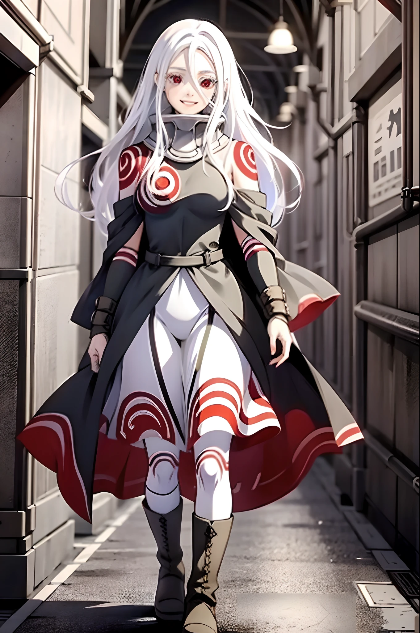 shiro /(deadman_wonderland/), cute, (standing:1.2), (white hair:1.2), (red eyes:1.3), crazy face, crazy eyes, pale skin,, cloak, boots, smile, walking village medieval europe, dress